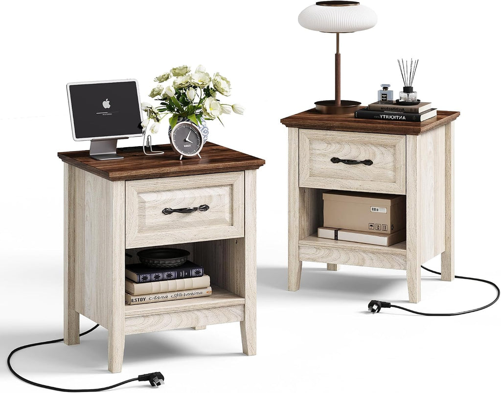 LINSY Night Stand Set of 2, 18.9' Farmhouse Wood NightStand with Type-C Charger &Open Storage Shelf Nightstands with Drawer, Side Table End Table for Bedroom Living Room Sofa Couch Office Beige