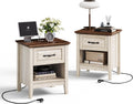 LINSY Night Stand Set of 2, 18.9' Farmhouse Wood NightStand with Type-C Charger &Open Storage Shelf Nightstands with Drawer, Side Table End Table for Bedroom Living Room Sofa Couch Office Beige