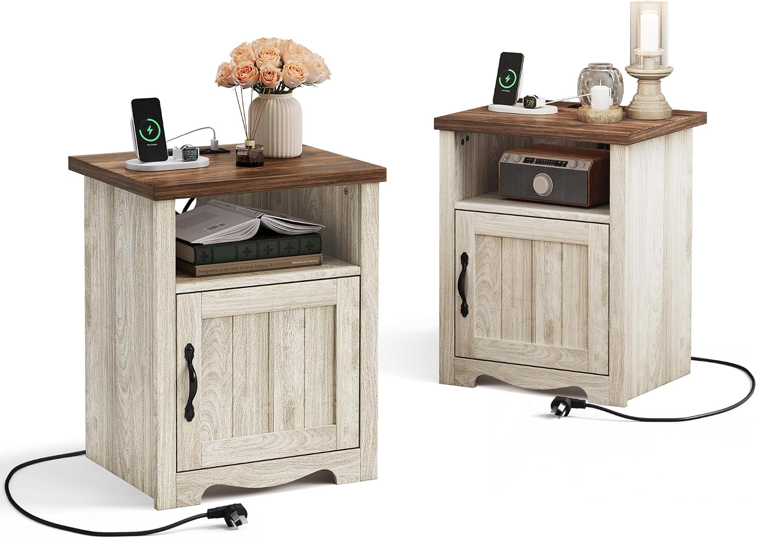 LINSY Farmhouse Night Stand Set of 2, 18.9' Wood End Table with Charging Station, Side Table for Bedroom, Living Room, Couch with USB Ports and Outlets, Nightstand with Storage, Beige