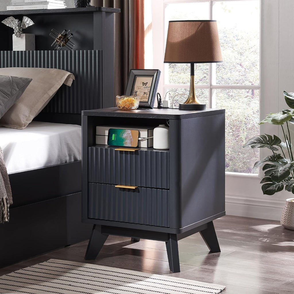 T4TREAM Fluted Nightstand Set of 2 with Charging Station, 18' Modern SideTable with Faux Marble Top, 2 Drawer End Table w/Storage, Bedside Table for Bedroom, Living Room, Curved Profile, Dark Grey
