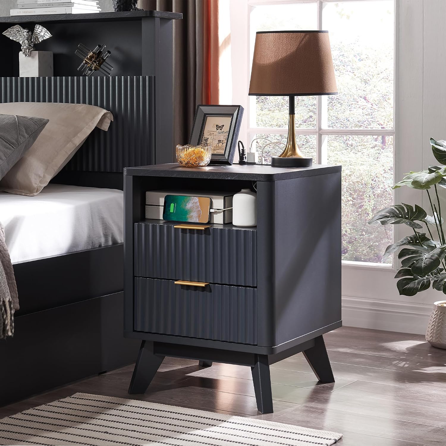 T4TREAM Fluted Nightstand Set of 2 with Charging Station, 18' Modern SideTable with Faux Marble Top, 2 Drawer End Table w/Storage, Bedside Table for Bedroom, Living Room, Curved Profile, Dark Grey
