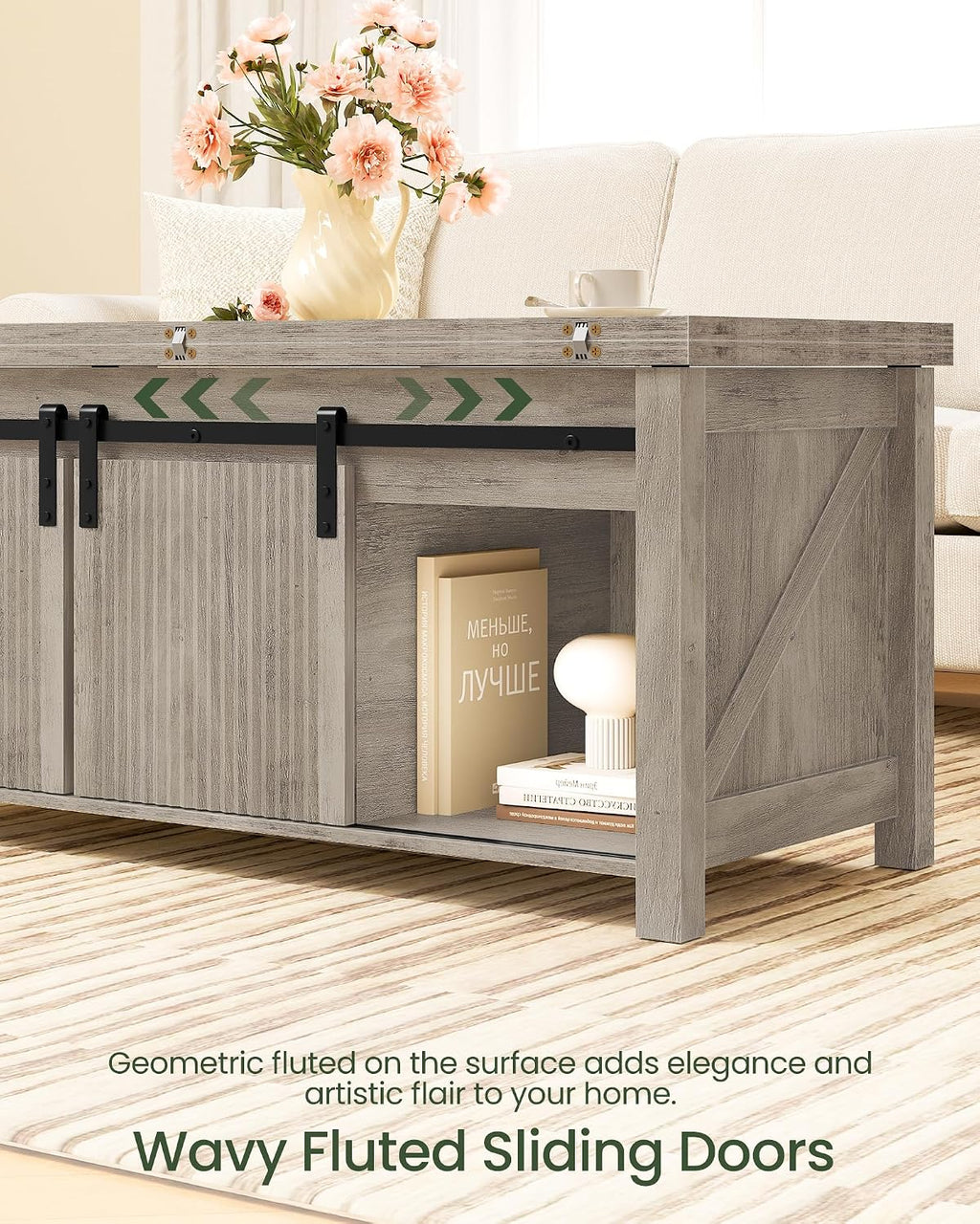 CHOEZON Lift Top Coffee Table, 4 in 1 Convertible Coffee Table, Farmhouse Coffee Tables, with Hidden Compartments, with Sliding Doors, for Living Room, Apartment, Greige MKF01FH