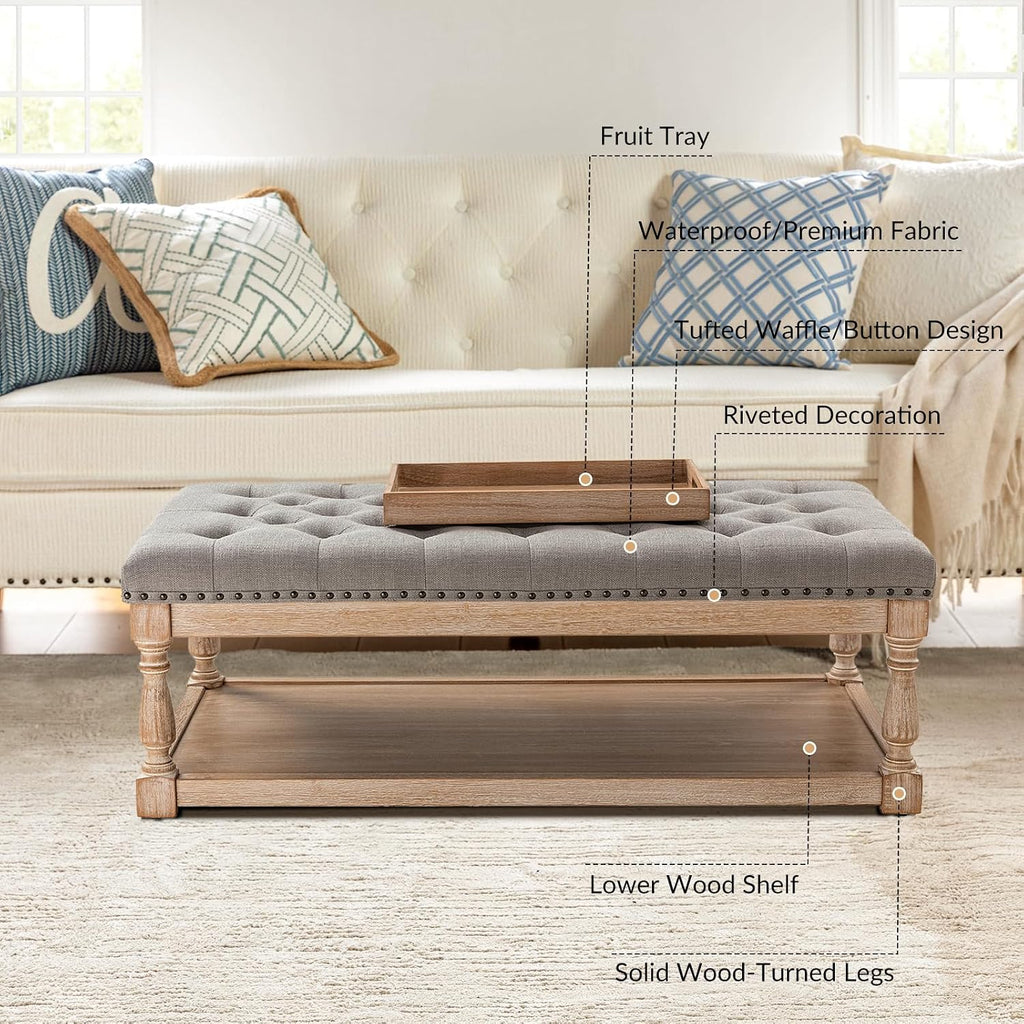 HULALA HOME Rectangle Ottoman Coffee Table with Tray, Large Tufted Fabric Coffee Table with Wood Shelf Storage for Living Room, Grey