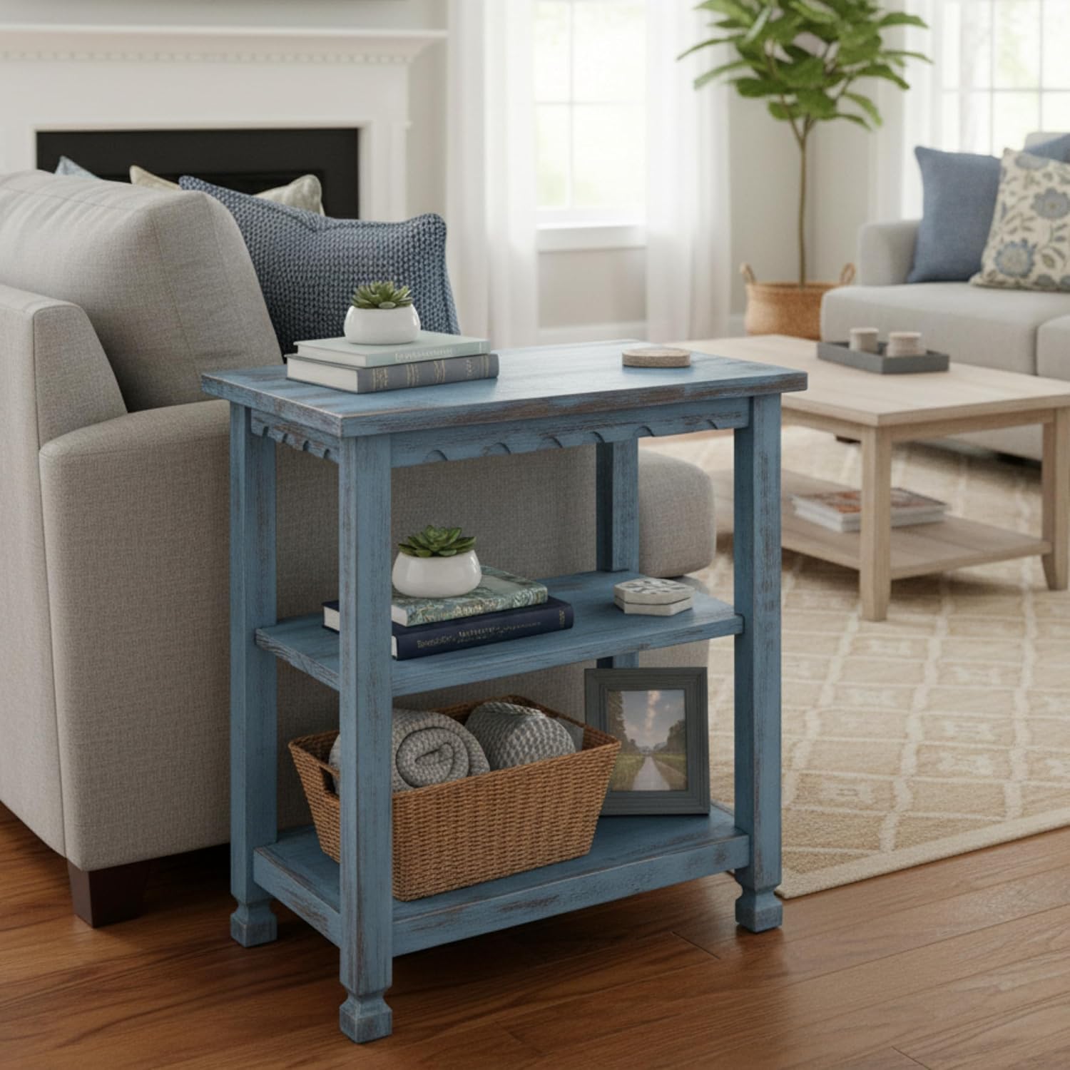 Alaterre Furniture Country Cottage Rustic Farmhouse Nightstand – 3-Tier Narrow End Table with Weathered Faded Finish, Carved Edges, & Turned Legs (Distressed Antique Blue)