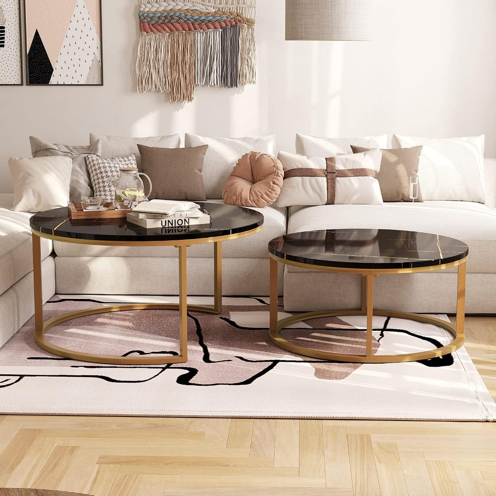 WiberWi Round Coffee Table Nesting Tables Set of 2, Large : Ø 34.0', Small : Ø 26.0', Modern Design Coffee Tables for Living Room, Gold Metal Frame Circle Cocktail Table, High Glossy Faux Black Marble