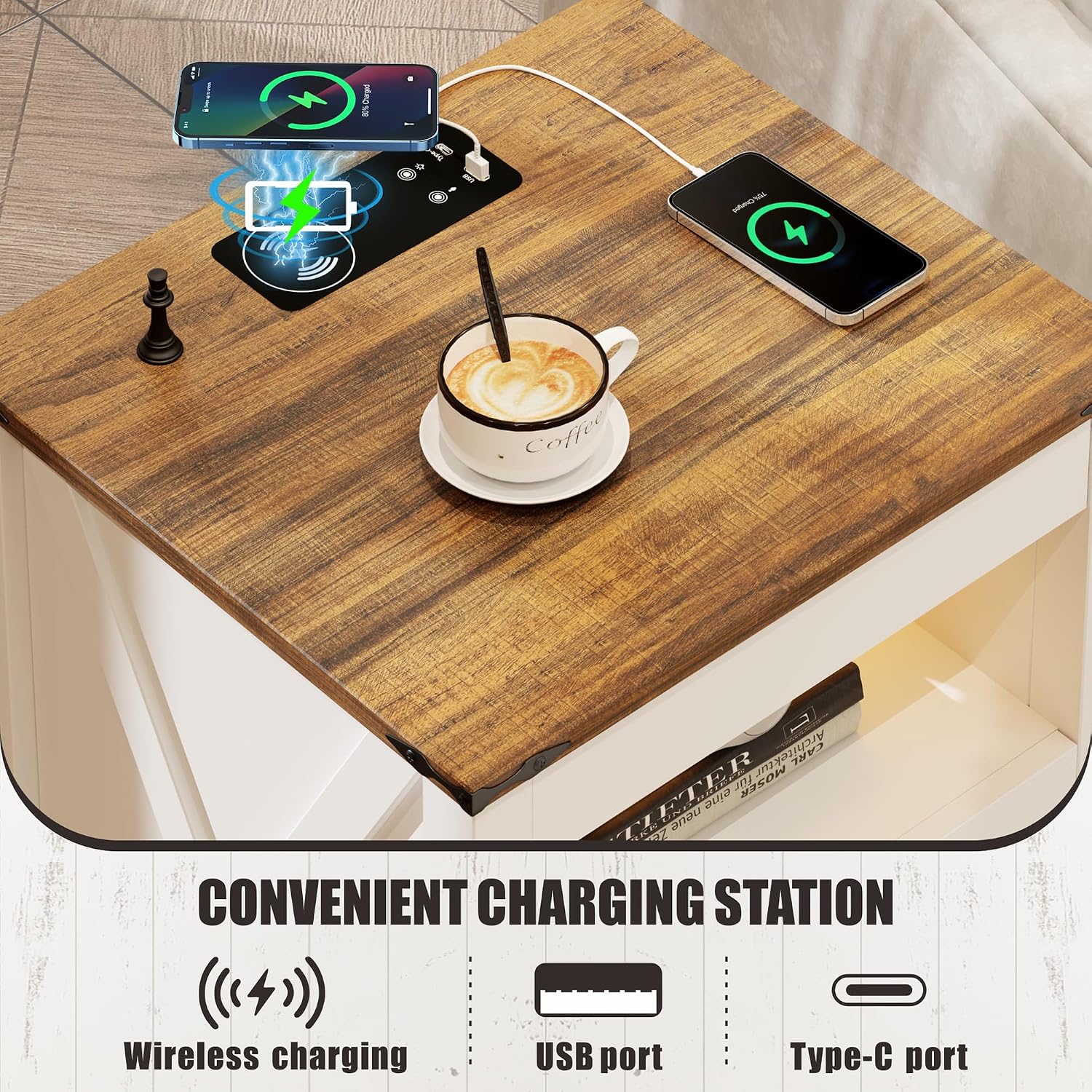 Bedside Table Set of 2 with Charging Station, Nightstand with Gun Drawer, LED Night Stand with Human Sensor Light, Farmhouse End Table for Bedroom Living Room, White