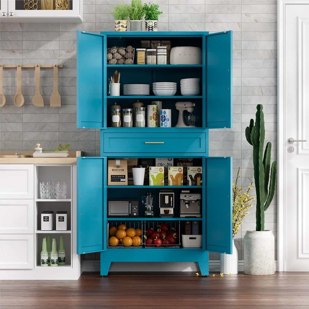71' Tall Farmhouse Pantry Cabinet,Metal Cabinet with Adjustable Shelves and Doors,Storage Cabinet for Kitchen Garage,Blue 1 Pack