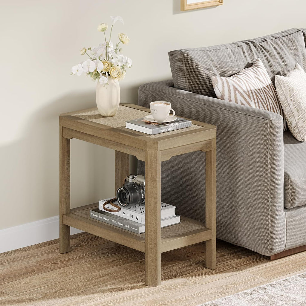 Eclatara Rattan Nightstands - Farmhouse 2 Tier End Table for Bedroom - Accent Polygon Side Table for Small Space Narrow Coffee Table Bamboo, Oak
