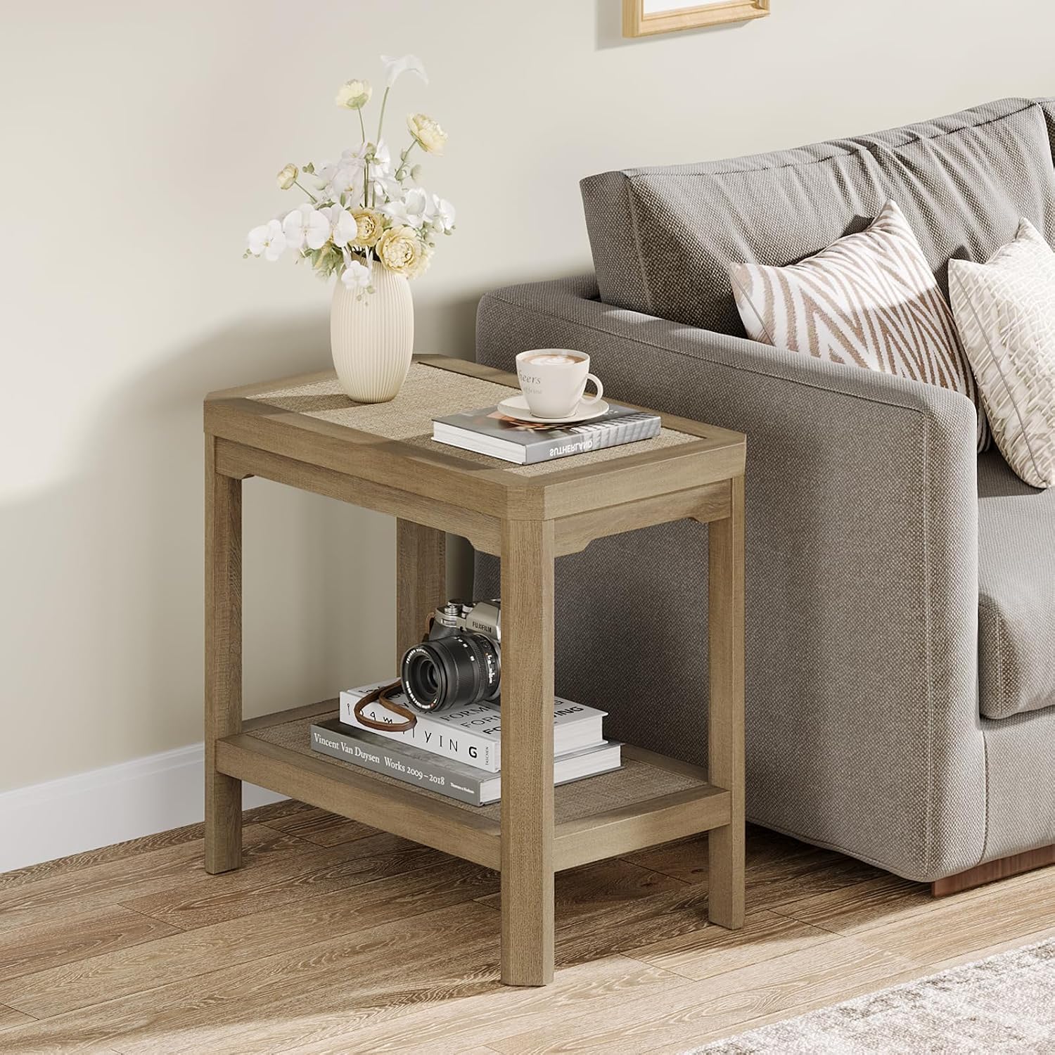 Eclatara Rattan Nightstands - Farmhouse 2 Tier End Table for Bedroom - Accent Polygon Side Table for Small Space Narrow Coffee Table Bamboo, Oak