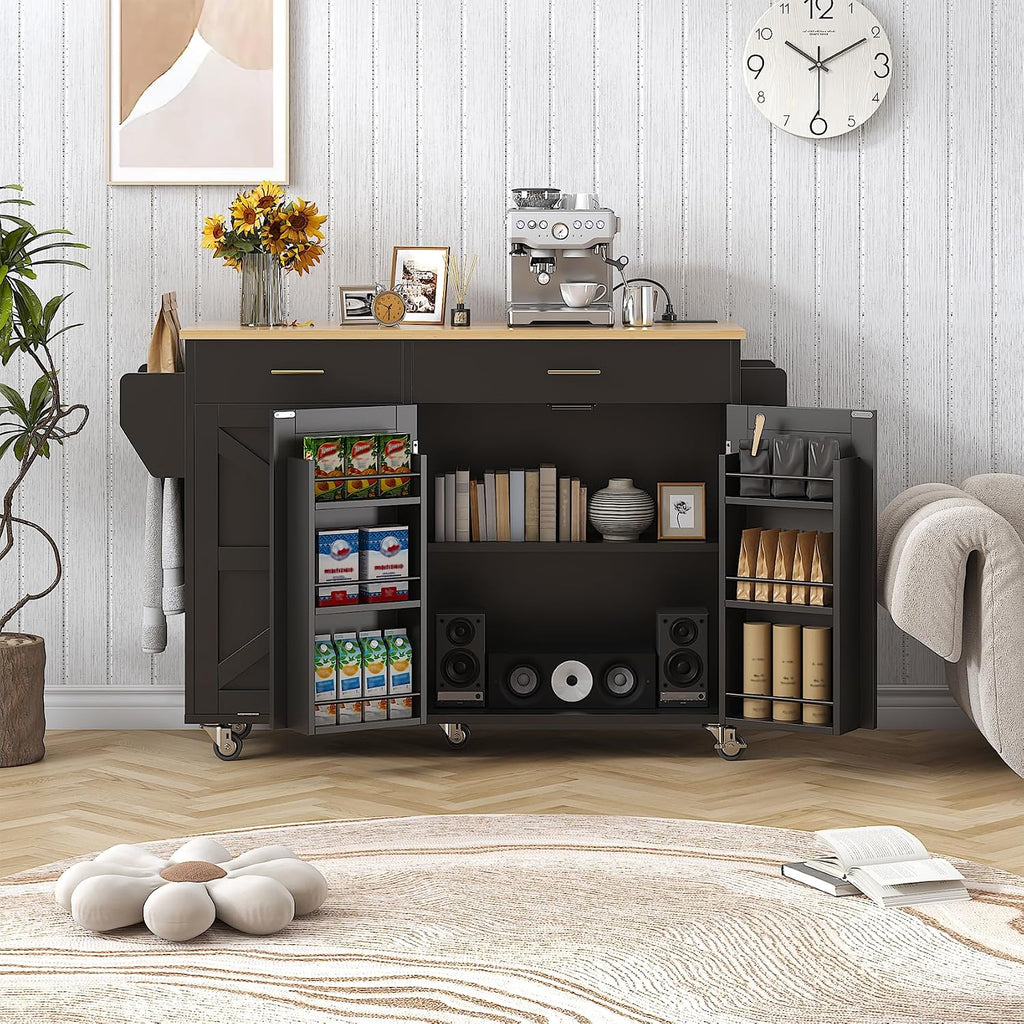 VVFLU 51.8' Kitchen Island Cart with Trash Can Storage, Kitchen Island on Wheels with Power Outlet & Drop Leaf, Rolling Kitchen Cart with Towel Rack & Spice Rack, Mobile Islands Table for Kitchen