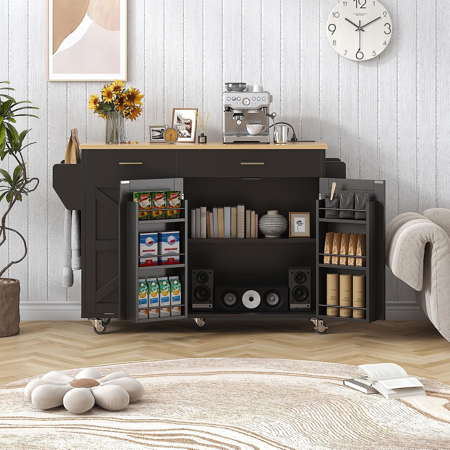 VVFLU 51.8' Kitchen Island Cart with Trash Can Storage, Kitchen Island on Wheels with Power Outlet & Drop Leaf, Rolling Kitchen Cart with Towel Rack & Spice Rack, Mobile Islands Table for Kitchen