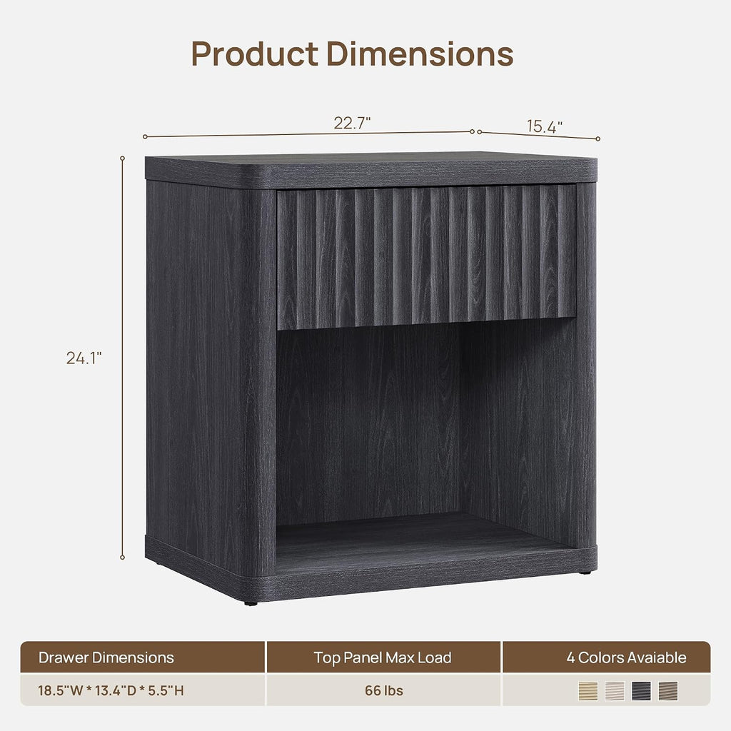 SICOTAS Night Stand Set of 2 Nightstands with Drawer Storage Fluted Bed Side Table End Table Large Modern Wide Bedside Mid Century Night Stands for Bedroom Living Room Sofa Office, Dark Grey Alder