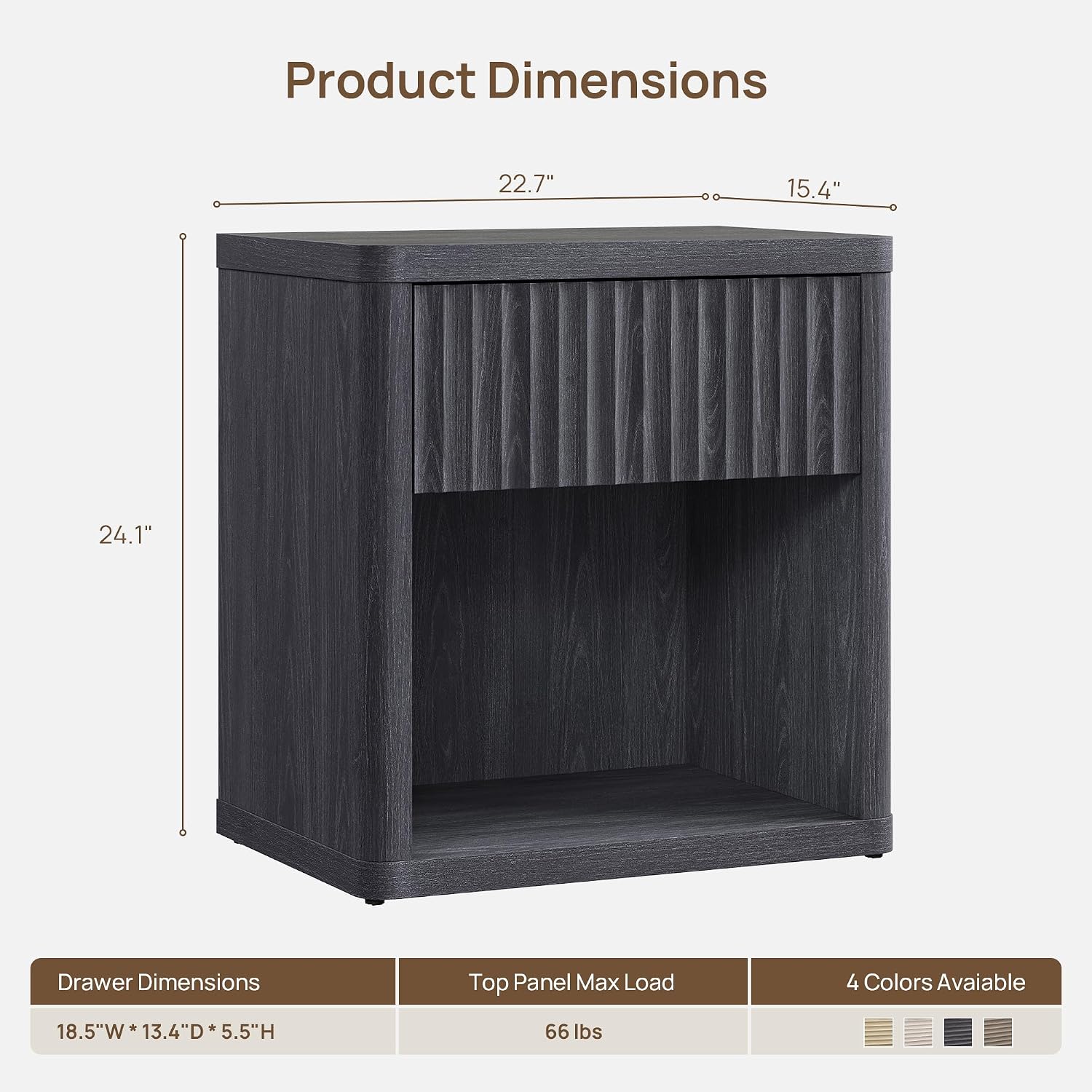SICOTAS Night Stand Set of 2 Nightstands with Drawer Storage Fluted Bed Side Table End Table Large Modern Wide Bedside Mid Century Night Stands for Bedroom Living Room Sofa Office, Dark Grey Alder
