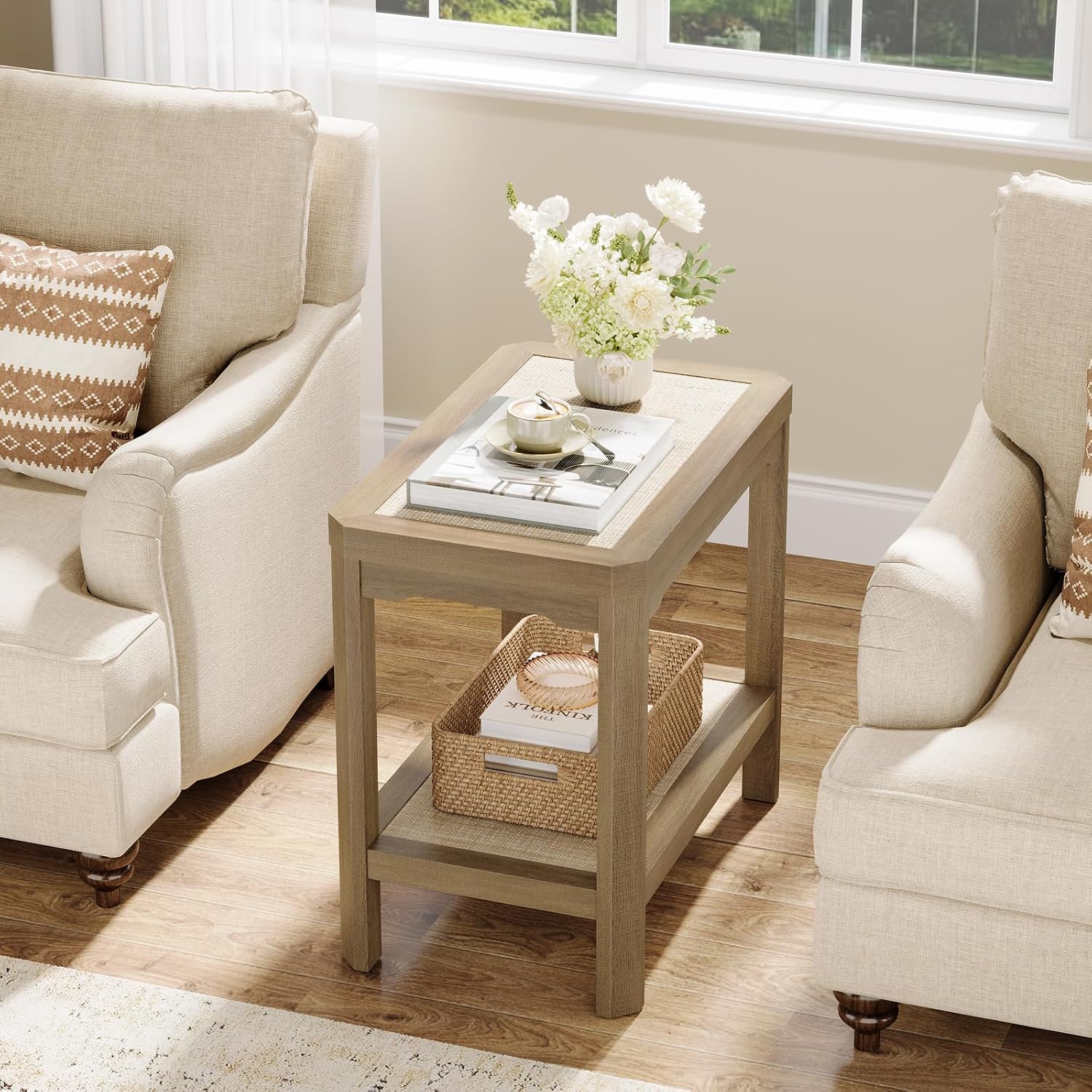Eclatara Rattan Nightstands - Farmhouse 2 Tier End Table for Bedroom - Accent Polygon Side Table for Small Space Narrow Coffee Table Bamboo, Oak