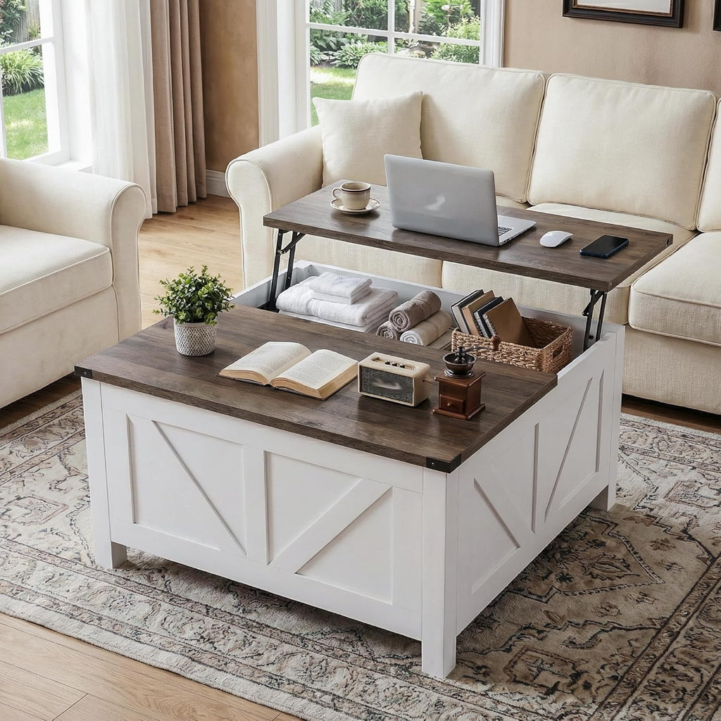 35' Farmhouse Coffee Table with Large Storage, Rustic Wood Lift Top Coffee Table for Living Room, Square Center Table with Charging Station&USB, Modern Port Pottery Barn Lift top Table