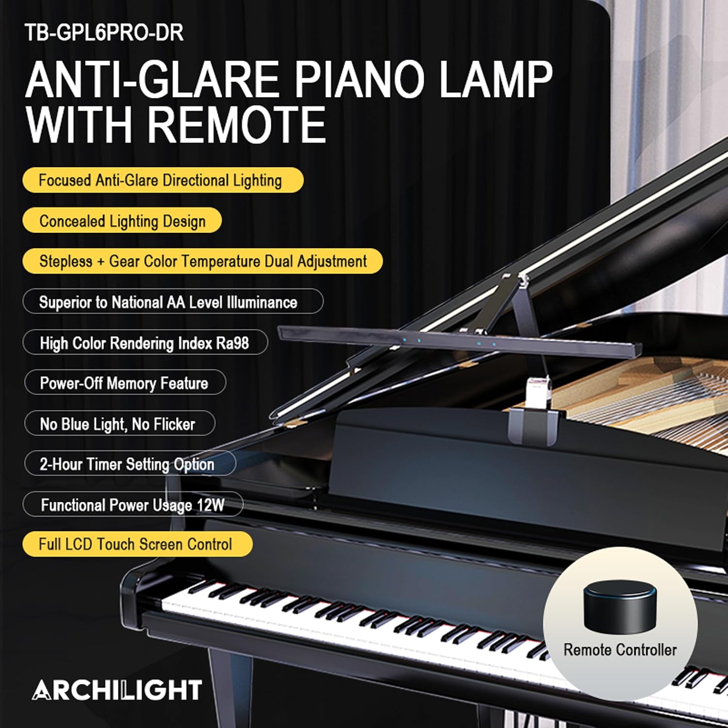 Stella-Pro Piano Light Double Arm Clip On: Professional Design, Asymmetric, Anti-Glare Lighting, Light Sensor, 3000K~6500K CCT Adjustable, Dimmable + Remote Control, 12W LED Eye Protection