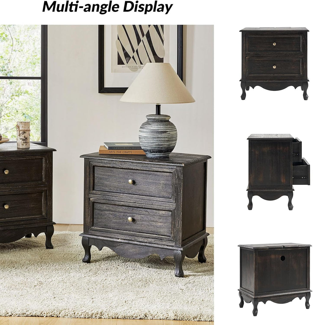 HULALA HOME Solid Wood End Table with Charging Station Space, Vintage Endtable with Wood Legs and 2 Drawers, French Side Table for Living Room, Charcoal