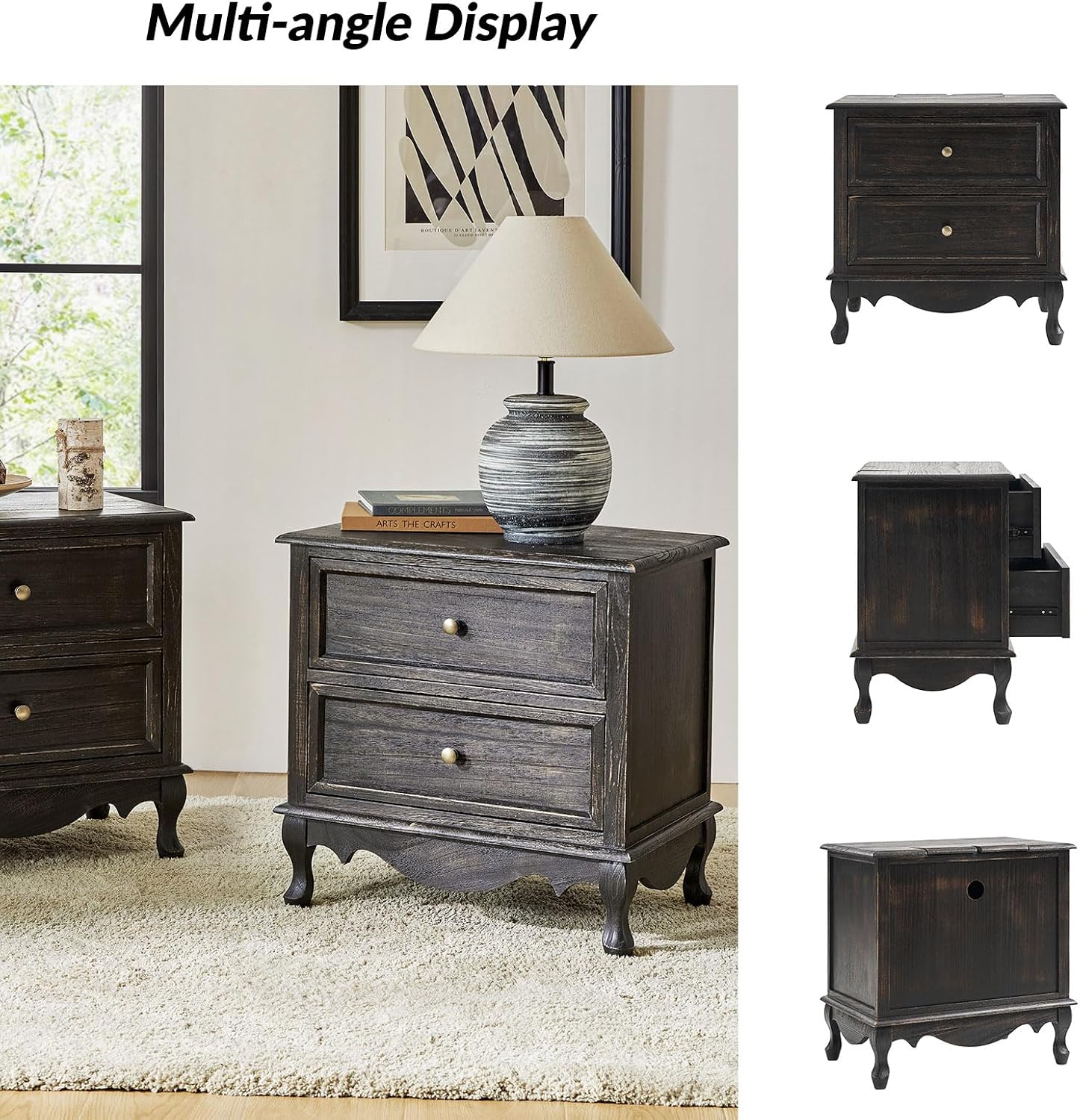 HULALA HOME Solid Wood End Table with Charging Station Space, Vintage Endtable with Wood Legs and 2 Drawers, French Side Table for Living Room, Charcoal