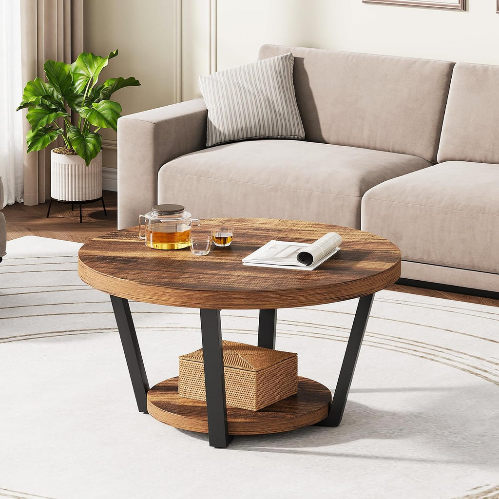 Round Coffee Table with Storage Shelf, 2-Tier Wooden Accent Center Table, Modern Industrial Living Room Furniture, Rustic Brown
