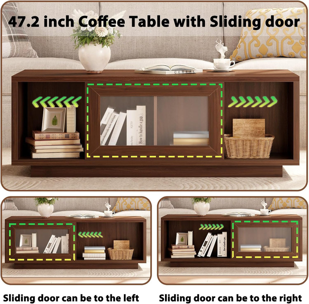 HSH Walnut Coffee Table for Living Room, 47 Inch Modern Wood Rectangle Coffee Tables with Sliding Door and Storage Open Shelf, Large Low Center Table for Home Decor