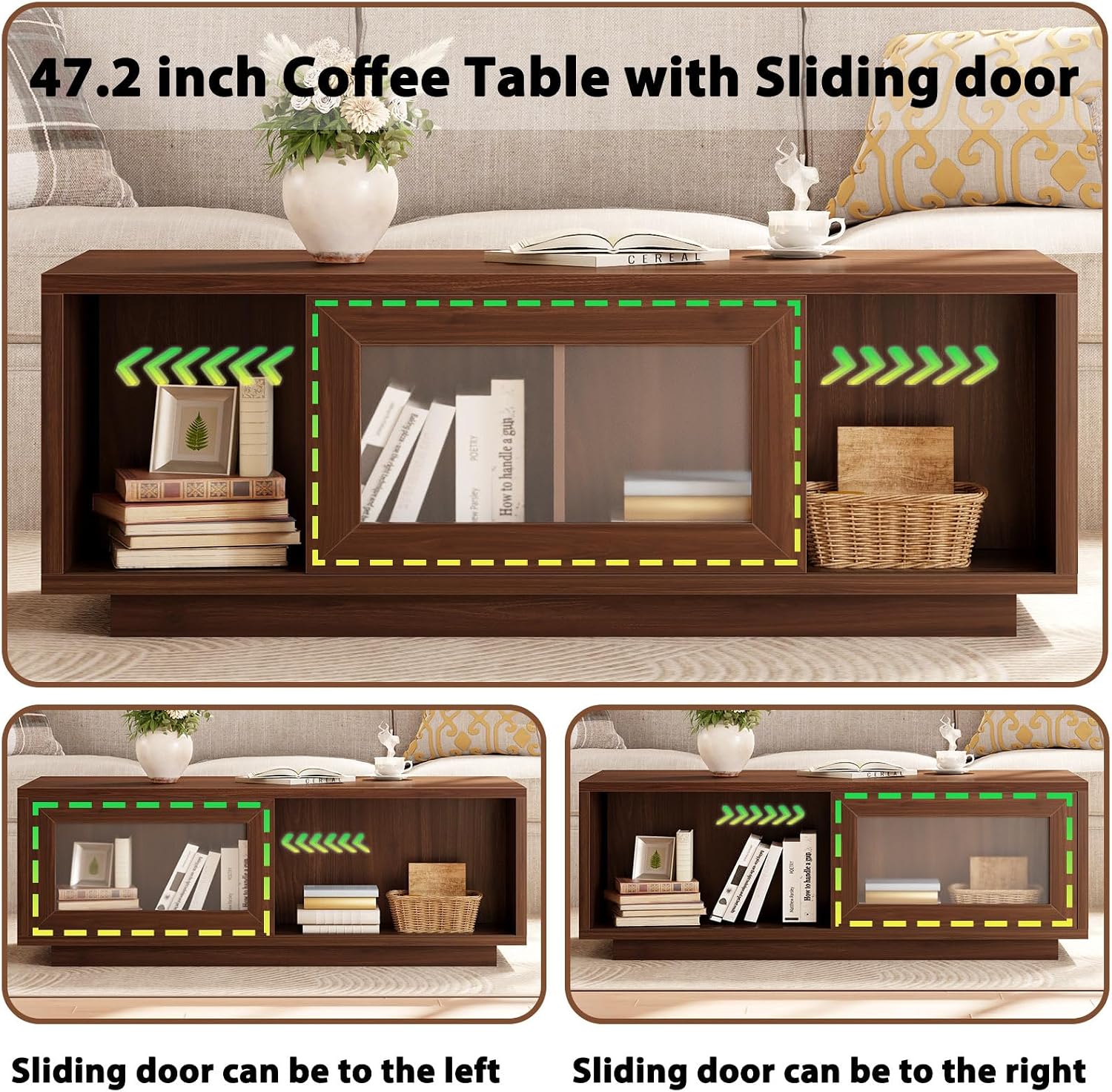 HSH Walnut Coffee Table for Living Room, 47 Inch Modern Wood Rectangle Coffee Tables with Sliding Door and Storage Open Shelf, Large Low Center Table for Home Decor