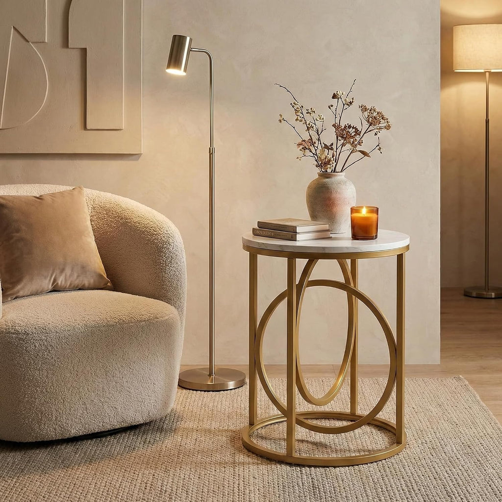 LITTLE TREE 20' Round End Table，Modern Sofa Side Table with Gold O-Shaped Base, Faux Marble White Cocktail Table Accent Table Nightstand for Living Room Bedroom, 2PCS