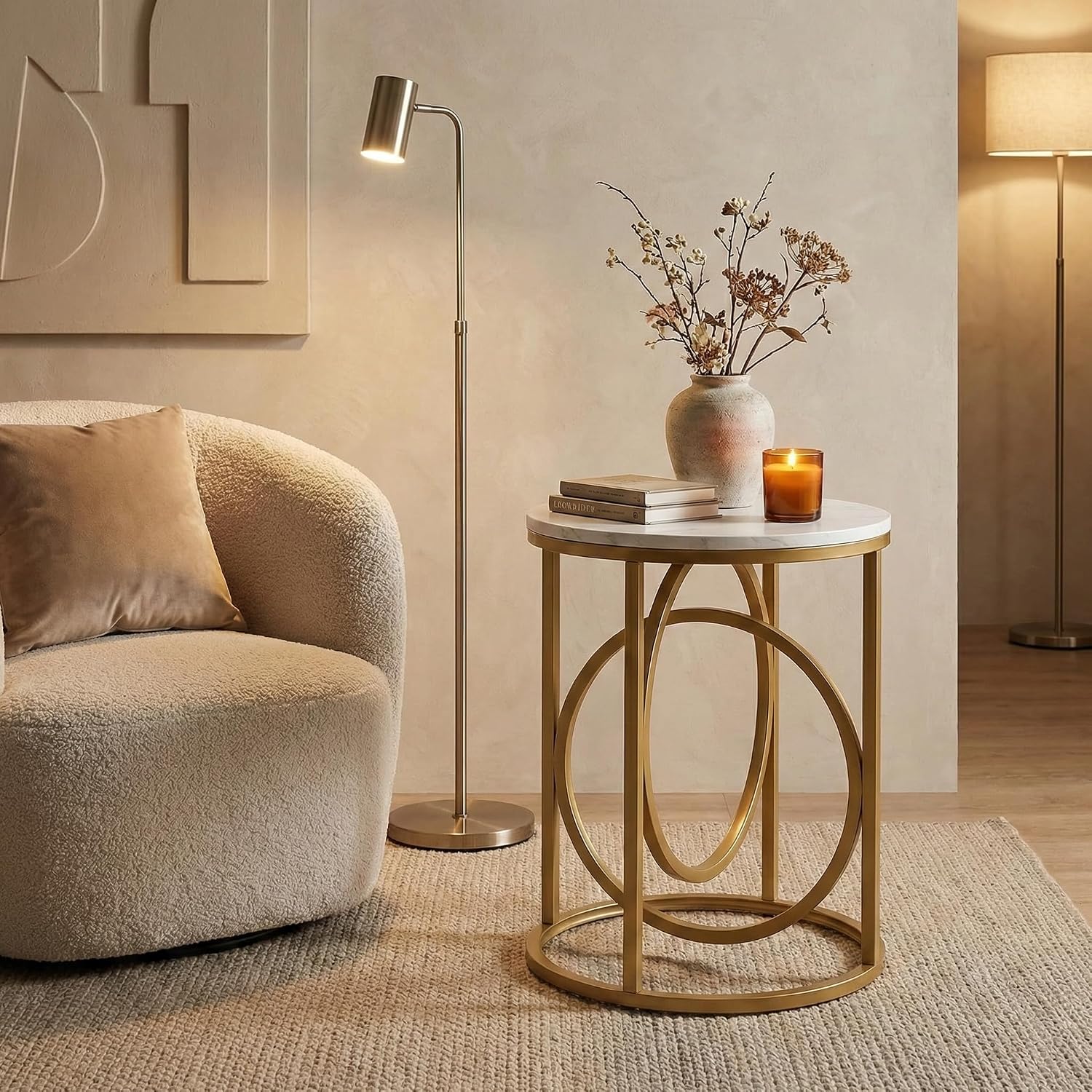 LITTLE TREE 20' Round End Table，Modern Sofa Side Table with Gold O-Shaped Base, Faux Marble White Cocktail Table Accent Table Nightstand for Living Room Bedroom, 2PCS