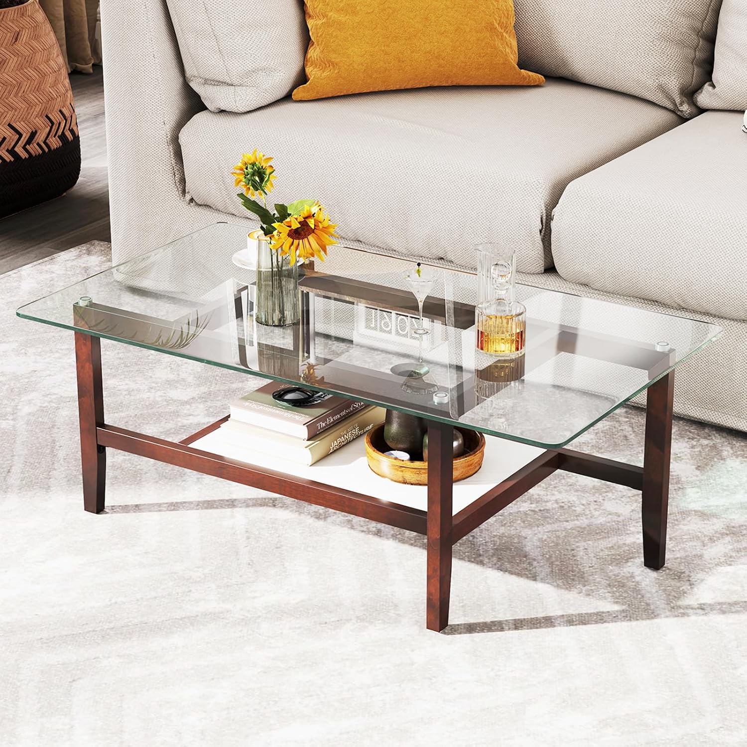 Giantex Glass Coffee Table, 42 Inch 2-Tier Rectangular Cocktail Table with Storage Shelf & Solid Rubber Wood Legs, Modern Center Table for Living Room, Home Office, Brown
