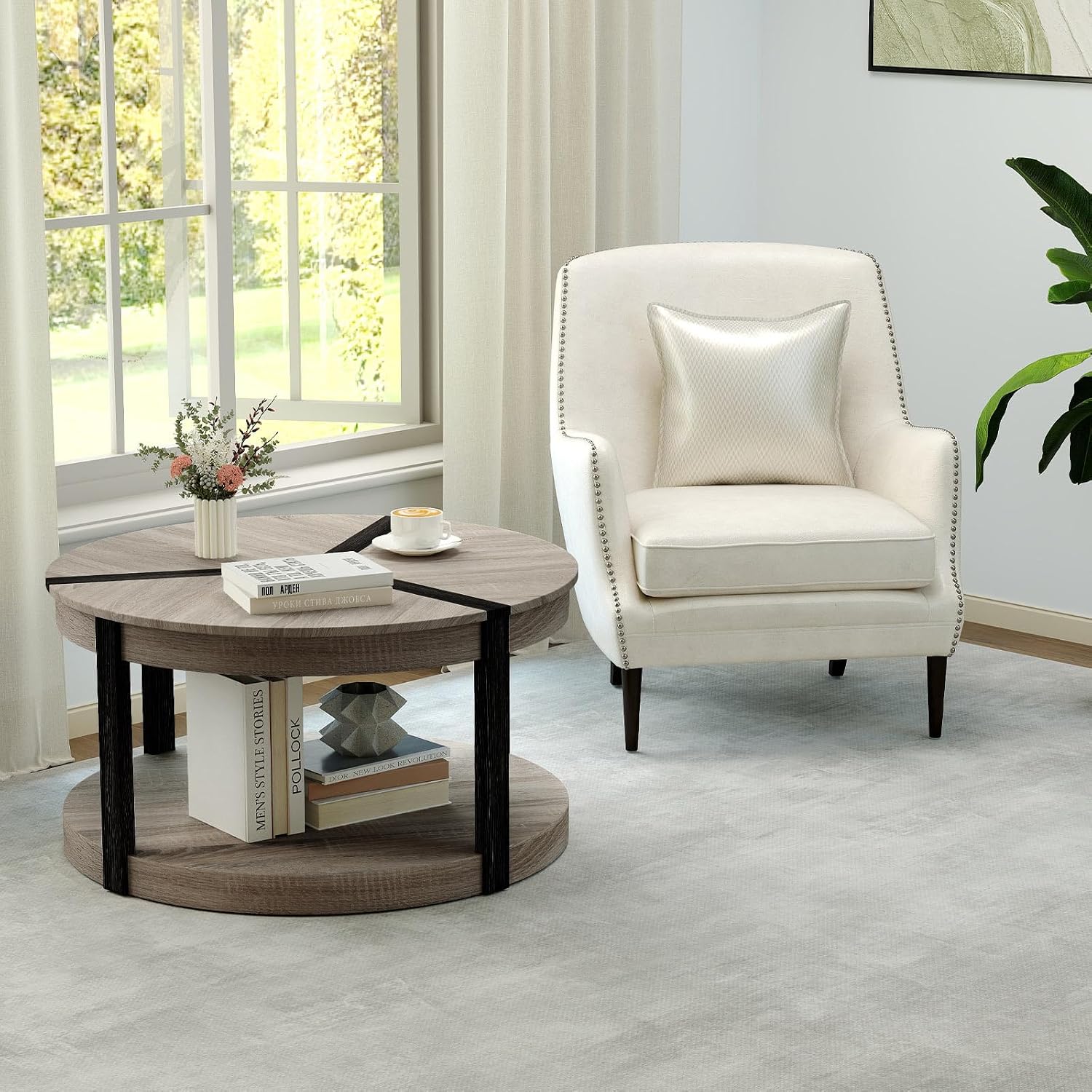Giantex Round Coffee Table, 34.5' Mid Century Modern Circle Cocktail Accent Table with Open Storage Shelf & Rubber Wood Frame, 2 Tier Center Table for Living Room Reception Room, Grey Oak