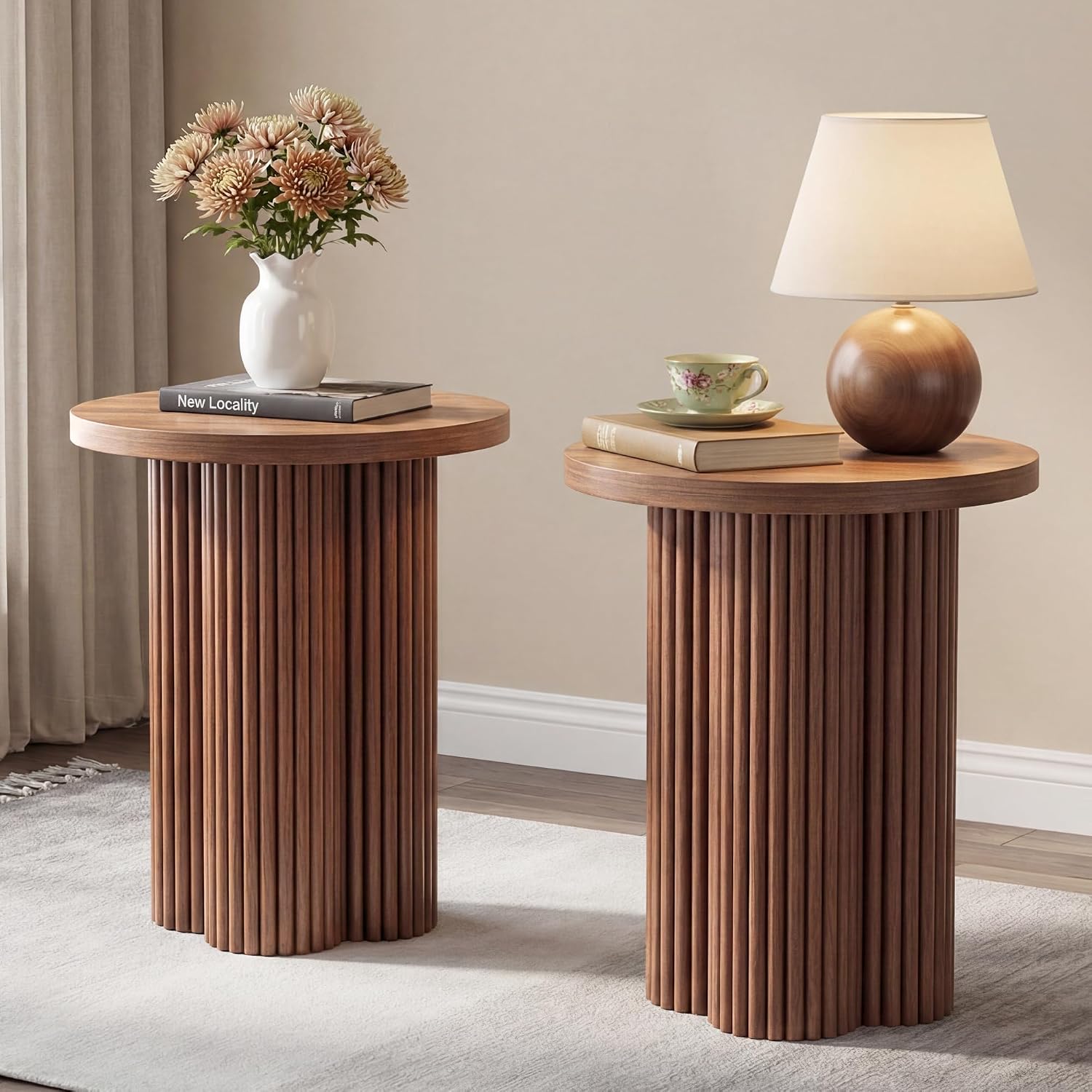 Small Sofa Side Table Set of 2, Fluted Accent Pedestal End Table, Wood Round Night Stand, Farmhouse Bed Side Table Drink Tables for Living Room, Small Spaces (Walnut-2PCS)
