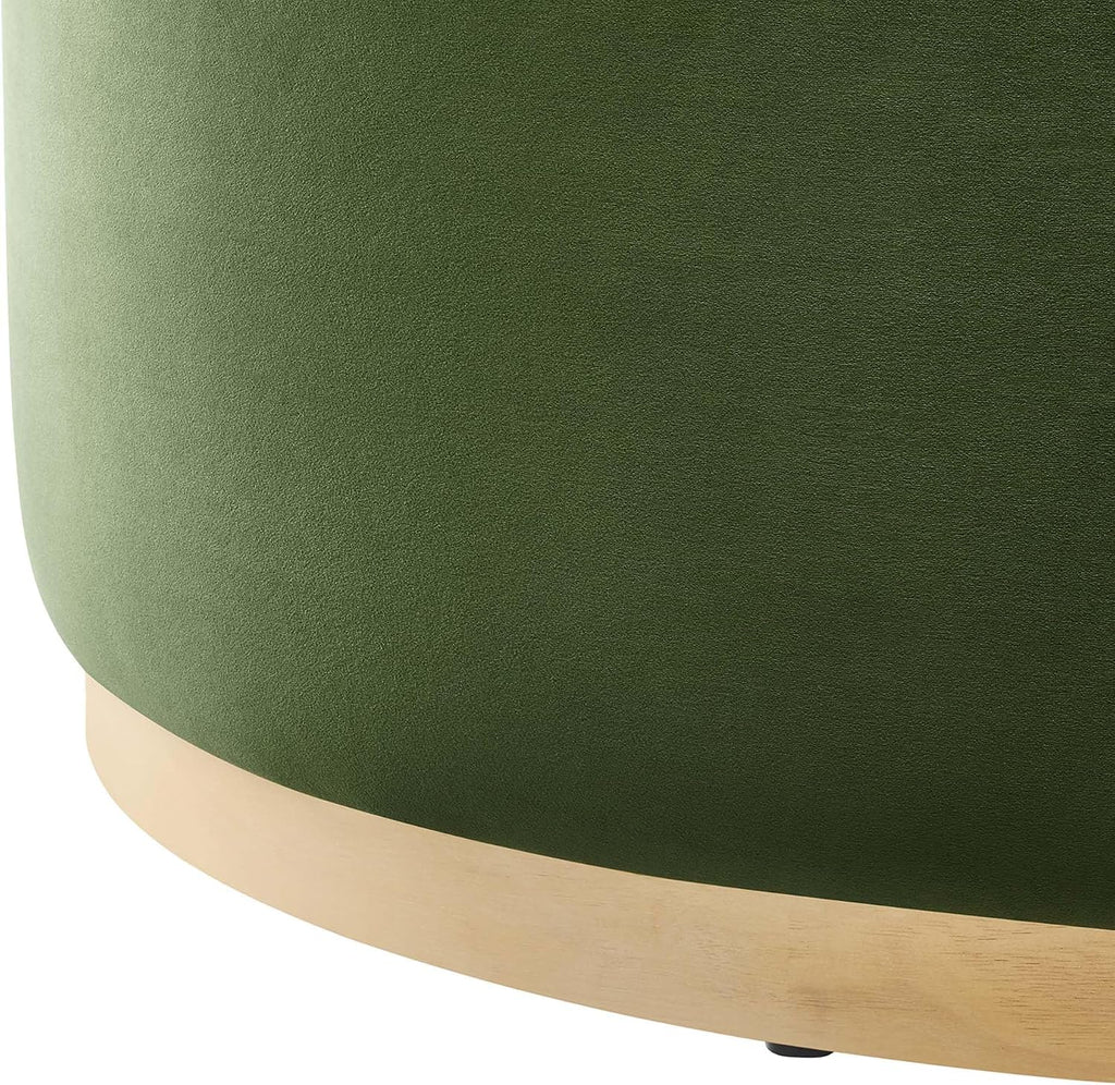 Modway Tilden 38 Inch Round Performance Velvet Upholstered Ottoman in Moss Green Natural - Round Ottoman Coffee Table for Living Room, Large Ottoman Foot Rest with Rubberwood Plinth Base