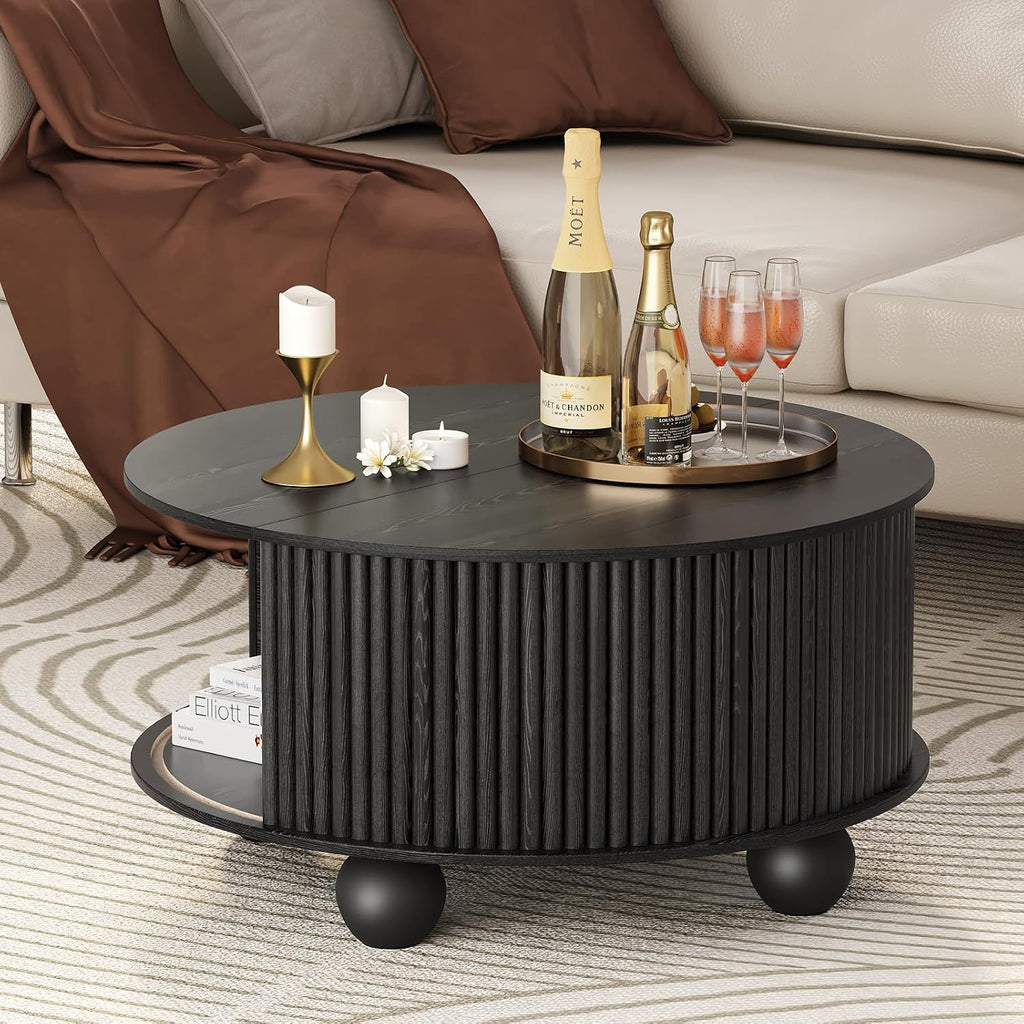 Round Coffee Table with Storage, 31.5' Mid Century Modern Coffee Table with Sliding Door & Bun Feet, Minimalist Fluted Center Table for Living Room, Home Small Space, Black