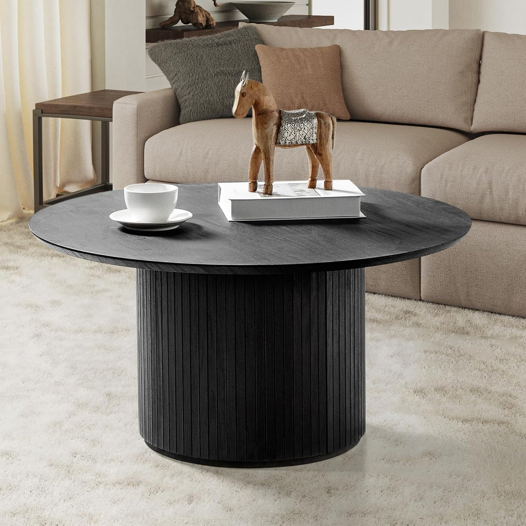 HULALA Home Round Coffee Table, Wood Coffee Table with Vertical Slat Base, Modern Coffee Table for Living Room and Lounge Room, Charcoal