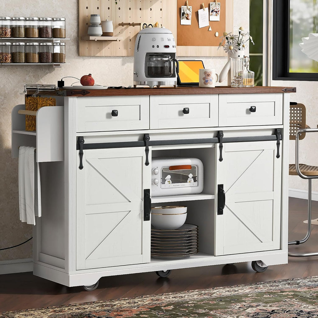 Bellemave 53.7' Farmhouse Kitchen Island cart with Charging Station, Rolling Kitchen Island Table with Drop-Leaf, 3 Drawers, Barn Doors, Large, White