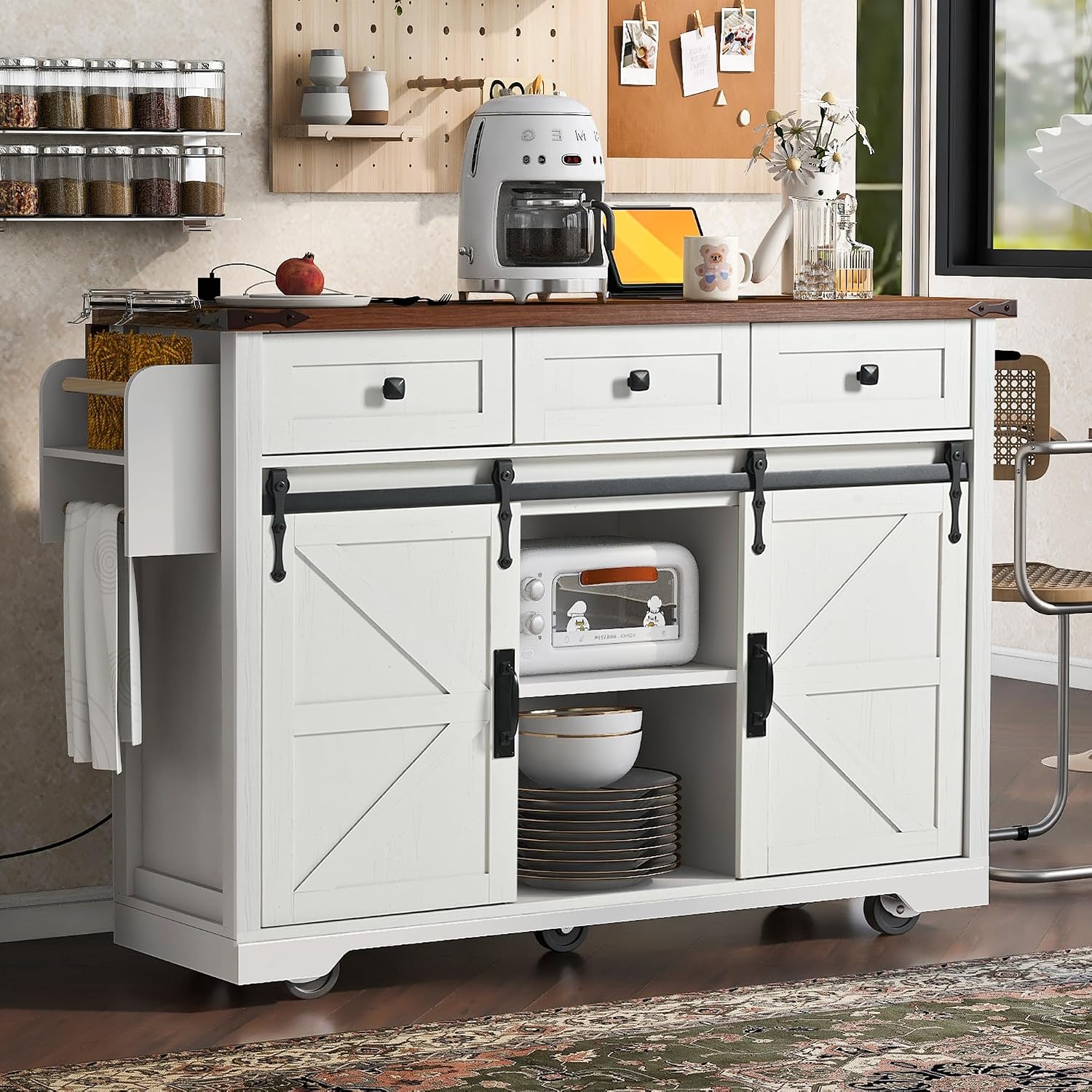 Bellemave 53.7' Farmhouse Kitchen Island cart with Charging Station, Rolling Kitchen Island Table with Drop-Leaf, 3 Drawers, Barn Doors, Large, White