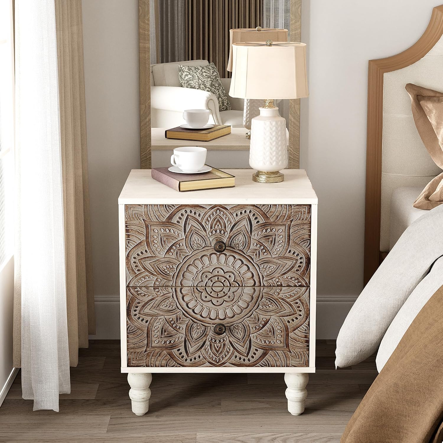 COSIEST Vintage Nightstand, 18' Wide Wood Small Bed Side Table with 2 Drawers, Accent Bedside Table, Bedroom Furniture for Home, Office (Lotus Pattern)