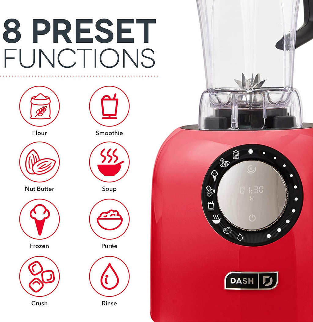 Dash Chef Series Deluxe Digital Blender - 1400W Professional High Speed Blender for Smoothies, Soups & Frozen Drinks, 64 oz BPA-Free Tritan™ Pitcher, 8 Presets, Stainless Steel Blades, USB Port - Red