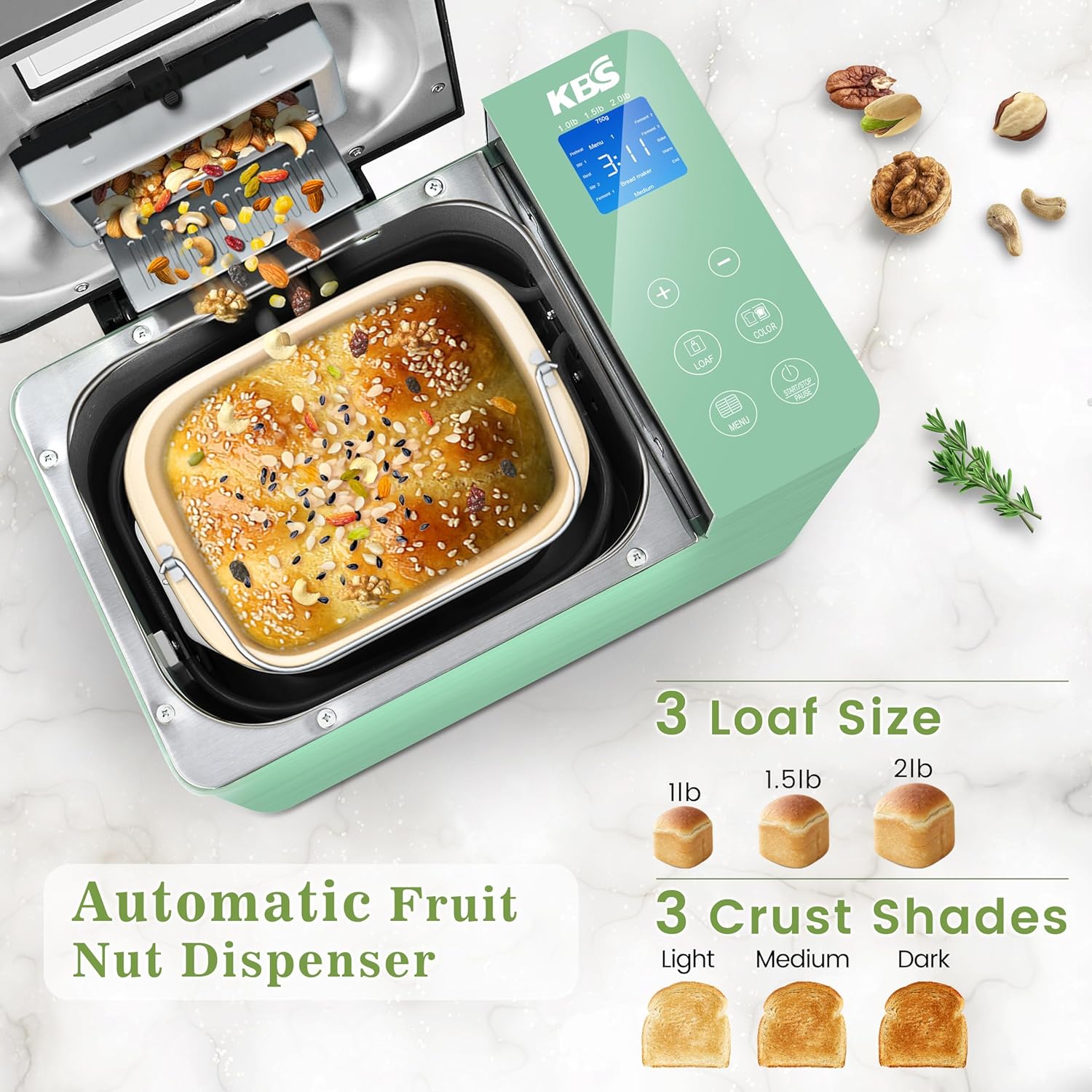 KBS 2.2LB Bread Maker, 710W Convection Bread Machine with Dual Heaters, Healthy Nonstick Ceramic Pan, Auto Nut Dispenser, 17-in-1 Bread Maker Machine for Gluten-Free, Touchscreen, 15H Delay Timer