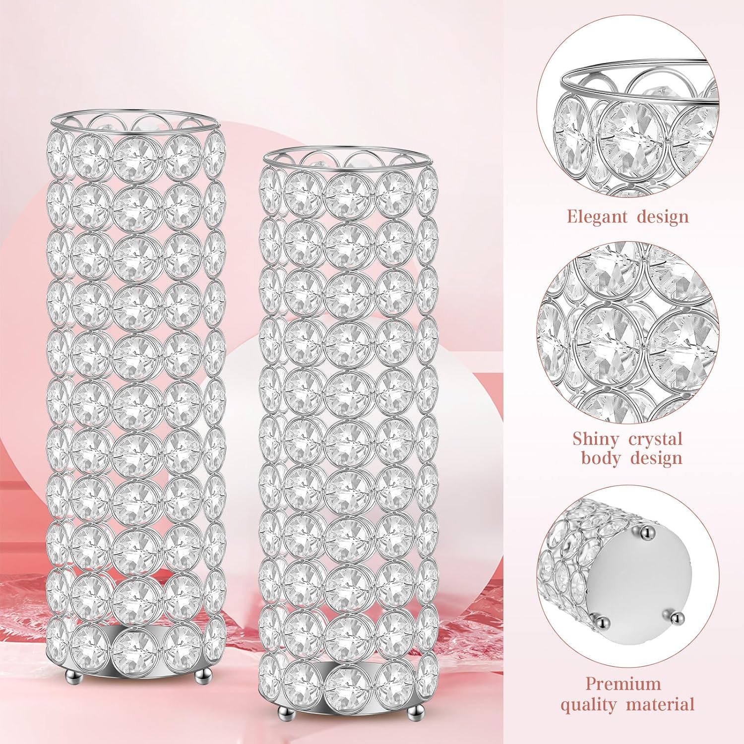 Dandat 16 Pcs Crystal Flower Vase and Pillar Candle Holder Set 10.24 Inch Wedding Cylinder Flower Vases Stand Table Centerpieces Candle Holders for Table Room Home Wedding Party Events Decor(Silver)