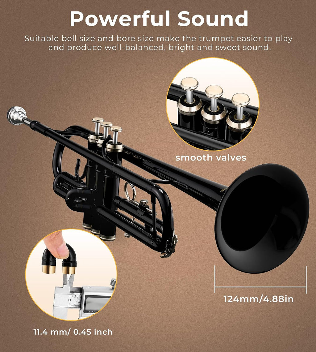 Vangoa Bb Trumpet Brass Standard Black Trumpet Instrument for Student School Band Orchestra Adult Kid Beginner with Hard Case, Stand, Cleaning Kit, White Gloves, Valve Oil and 7C Mouthpiece