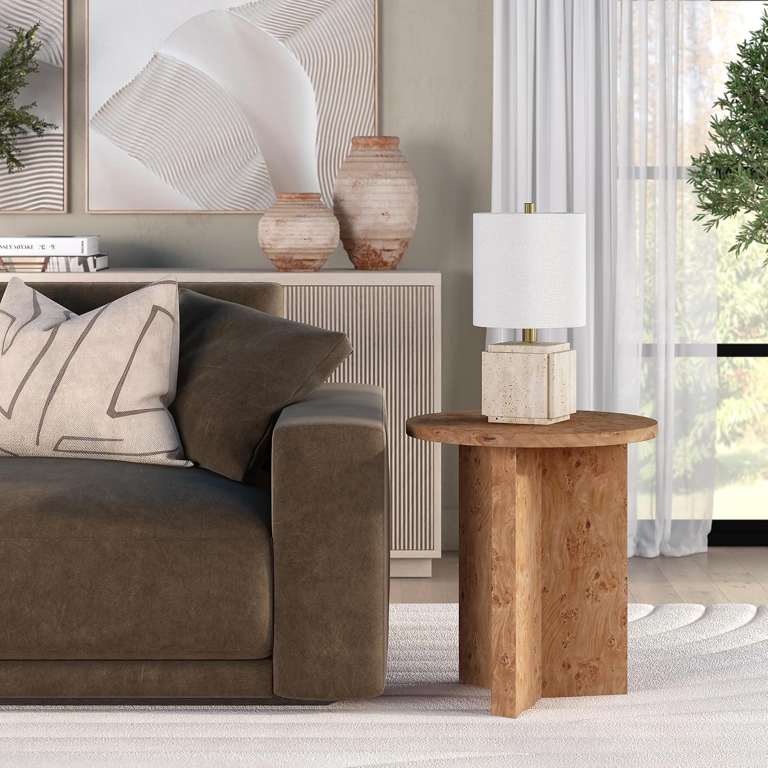 Henn&Hart 20' Scandinavian Round Wooden End Table, Side Table, Nightstand with X-Base for Living Room, Office, Family Room, or Bedroom, Caramel Burl