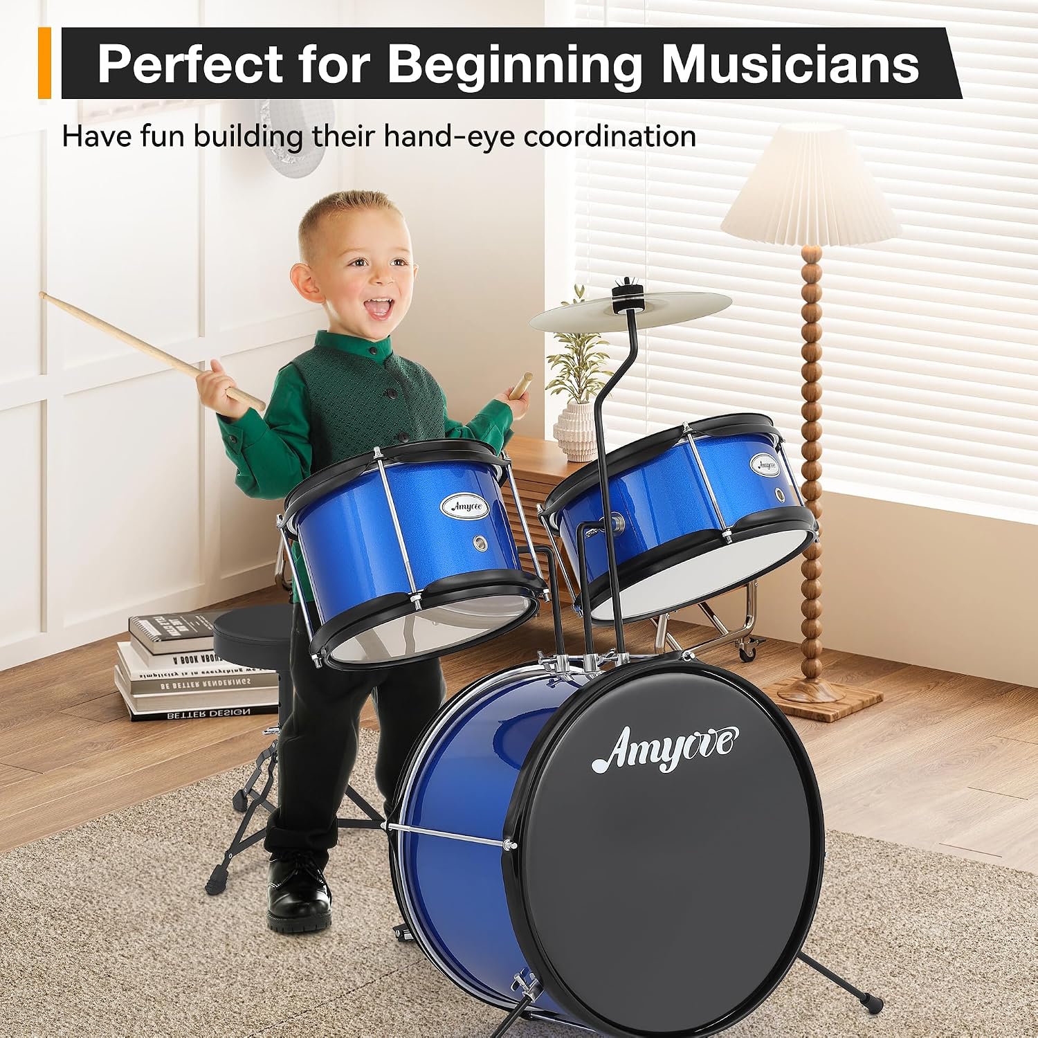 3-Piece Beginner Drum Set, Beginner Drum Set,with Bass Tom Snare Drum, 14 Inch Drum Kit with Snare, Cymbal, Drumsticks, Adjustable Seat (Blue)