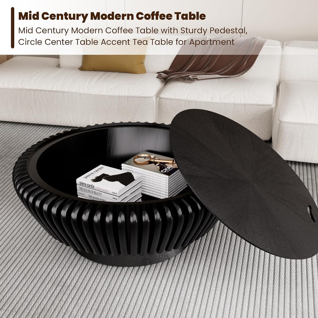 Round Coffee Table with Storage, Mid Century Modern Drum Coffee Table for Living Room, Fluted Circle Center Table with Sturdy Pedestal, Accent Tea Table for Apartment (35.4' Black with Storage)