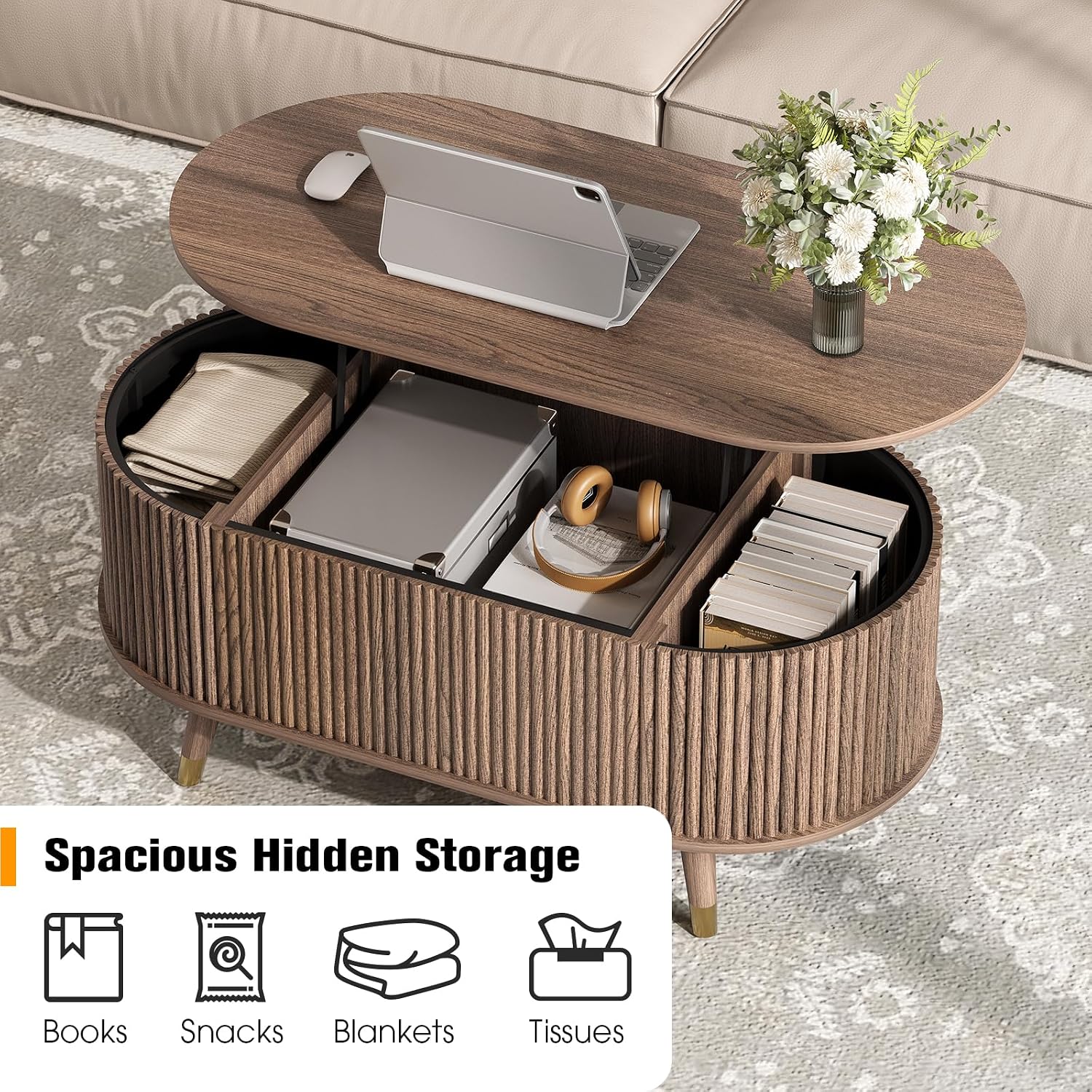 Oval Coffee Table with Storage, 42.5' Fluted Coffee Table with Lifting Top & Solid Wood Legs, Modern Lift Up Center Table for Living Room, Home Office, Walnut