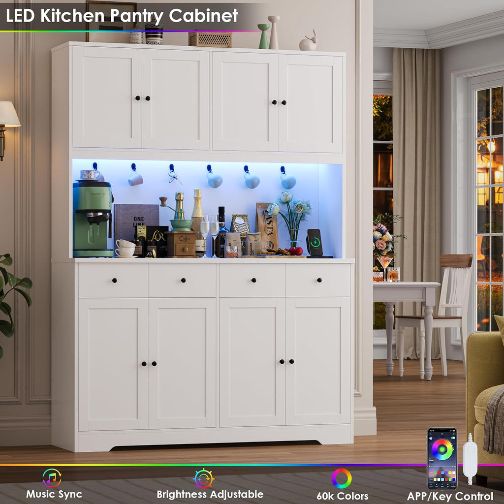 HIFIT 72' LED Kitchen Pantry Cabinet with Power Outlet & Cup Hooks, Tall Kitchen Hutch Storage Cabinets with Countertop Microwave Stand, Food Pantry Cabinet with Drawers for Dining Living Room, White