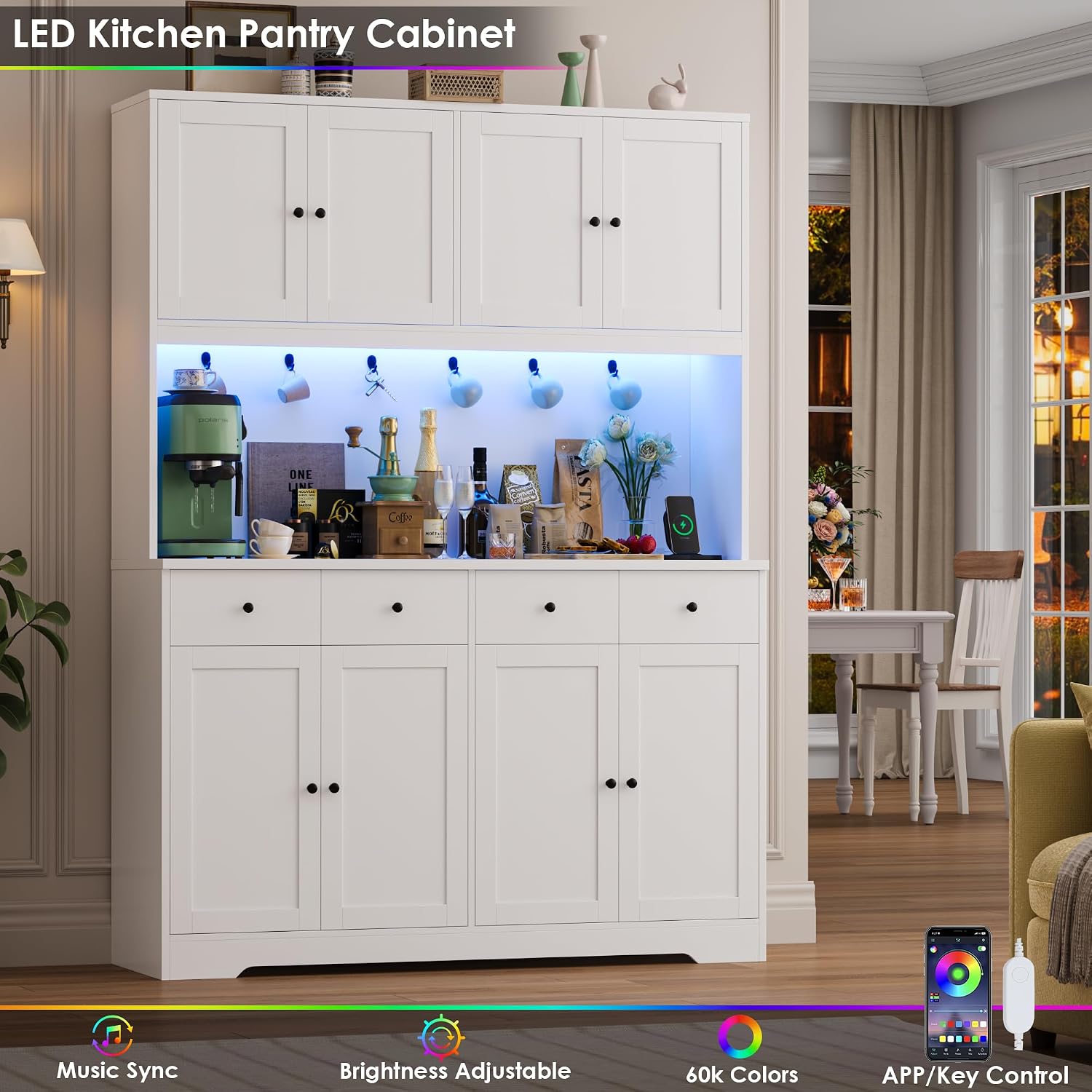 HIFIT 72' LED Kitchen Pantry Cabinet with Power Outlet & Cup Hooks, Tall Kitchen Hutch Storage Cabinets with Countertop Microwave Stand, Food Pantry Cabinet with Drawers for Dining Living Room, White
