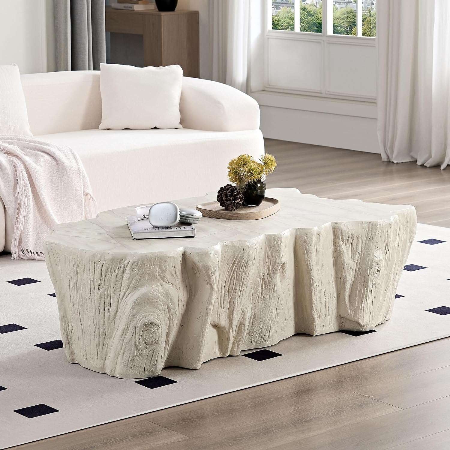 48.62' Coffee Table Modern Unique Shape Fiberglass Center Table for Living Room Apartment Office, No Need Assembly, Beige Tree Root Texture Pattern