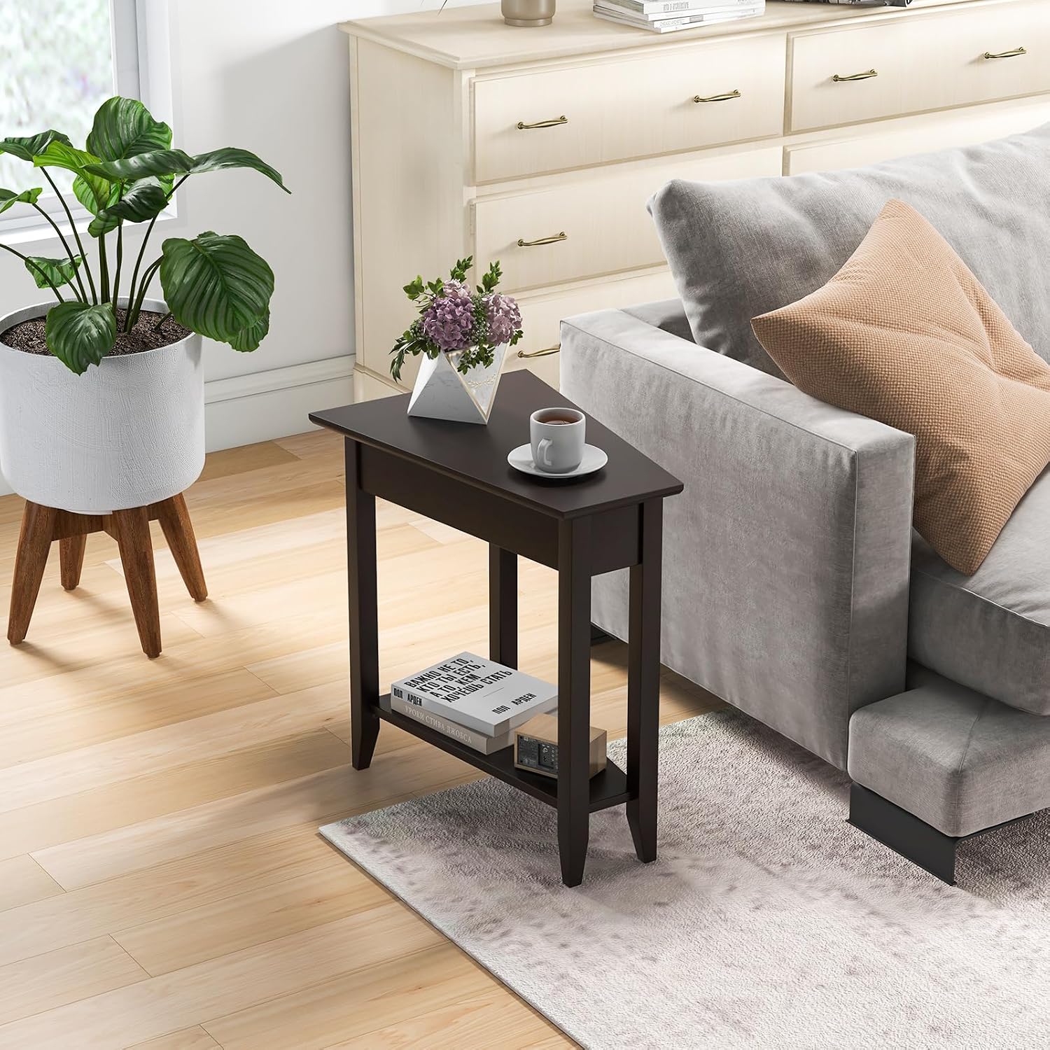Giantex Wedge End Table Set of 2, Triangle Side Table with Storage Shelf and Solid Wood Legs, Recliner Table, 24.5' Tall Nightstand, Modern Narrow Accent Table for Small Space Living Room, Espresso
