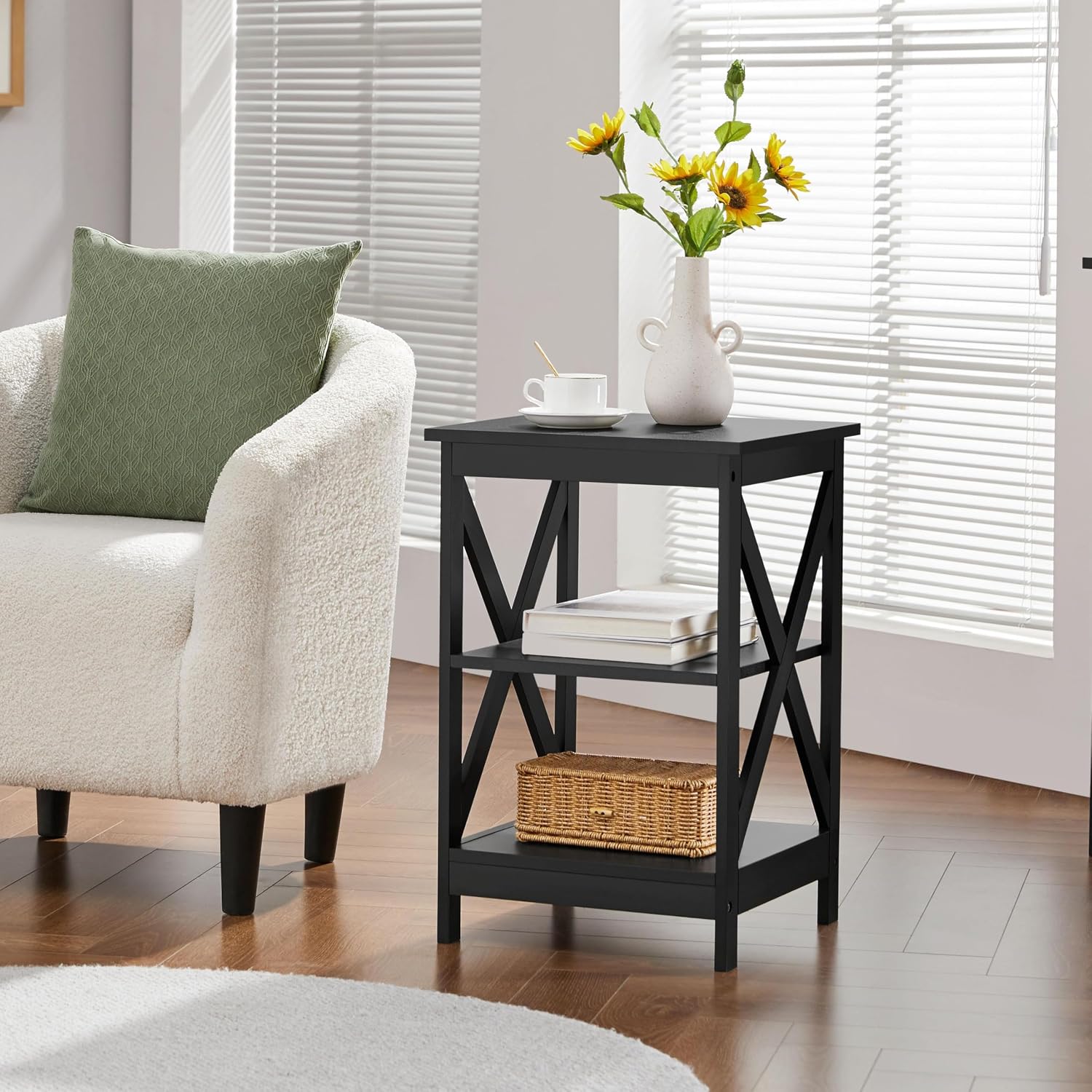 Yaheetech Wood Living Room 3-Piece Table Sets - Includes X-Design Coffee Table & Two 3-Tier End Side Tables, Easy Assembly Home Accent Furniture, Black
