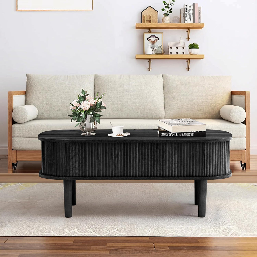 Fully Assembled Fluted Lift Top Coffee Table with Hidden Compartment, Wooden Center Table, Modern Oval Lift Tabletop for Home Living Room Office, Black